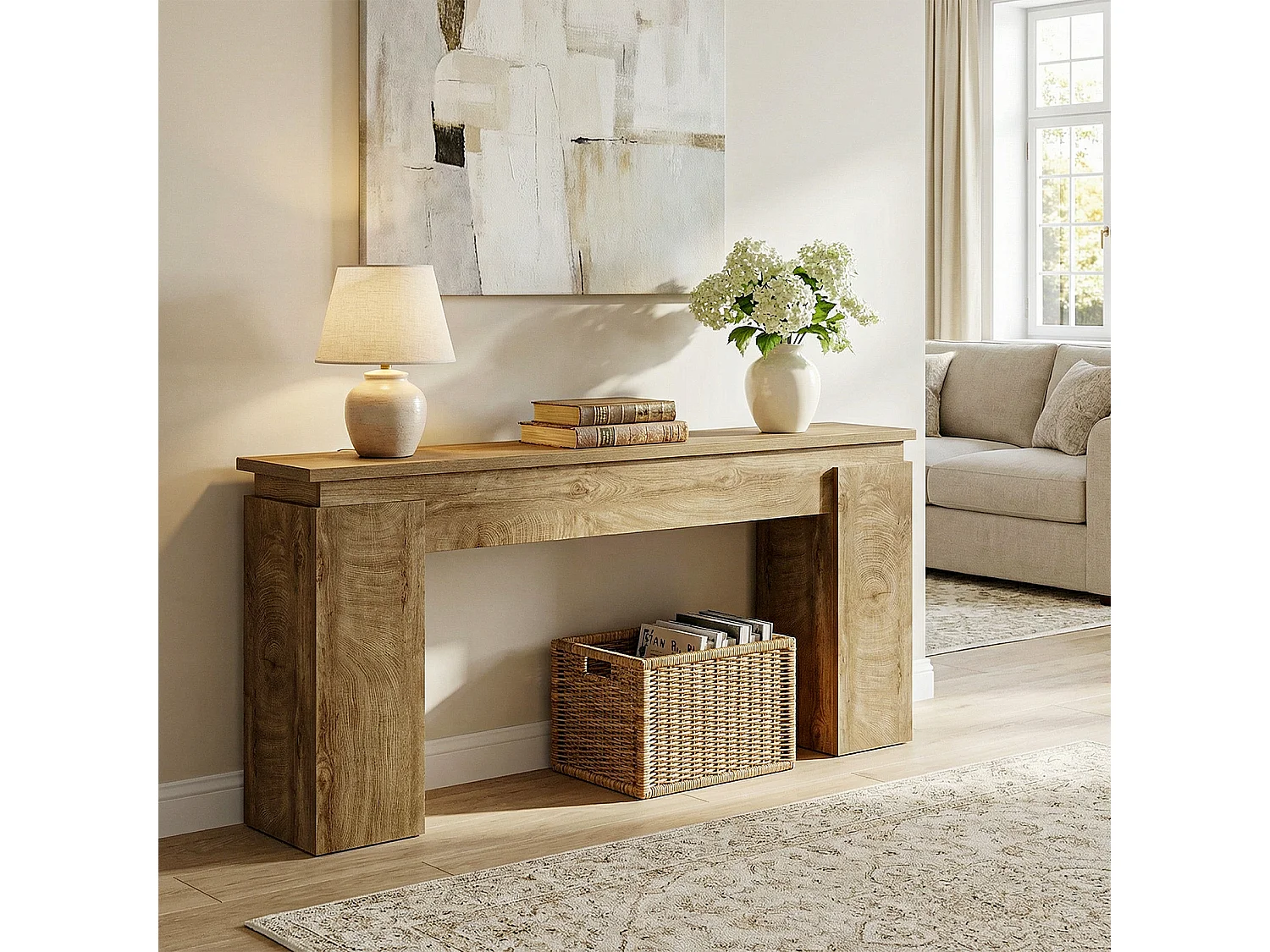 Console de 160 cm, table d'entrée rustique avec rangement ouvert pour salon