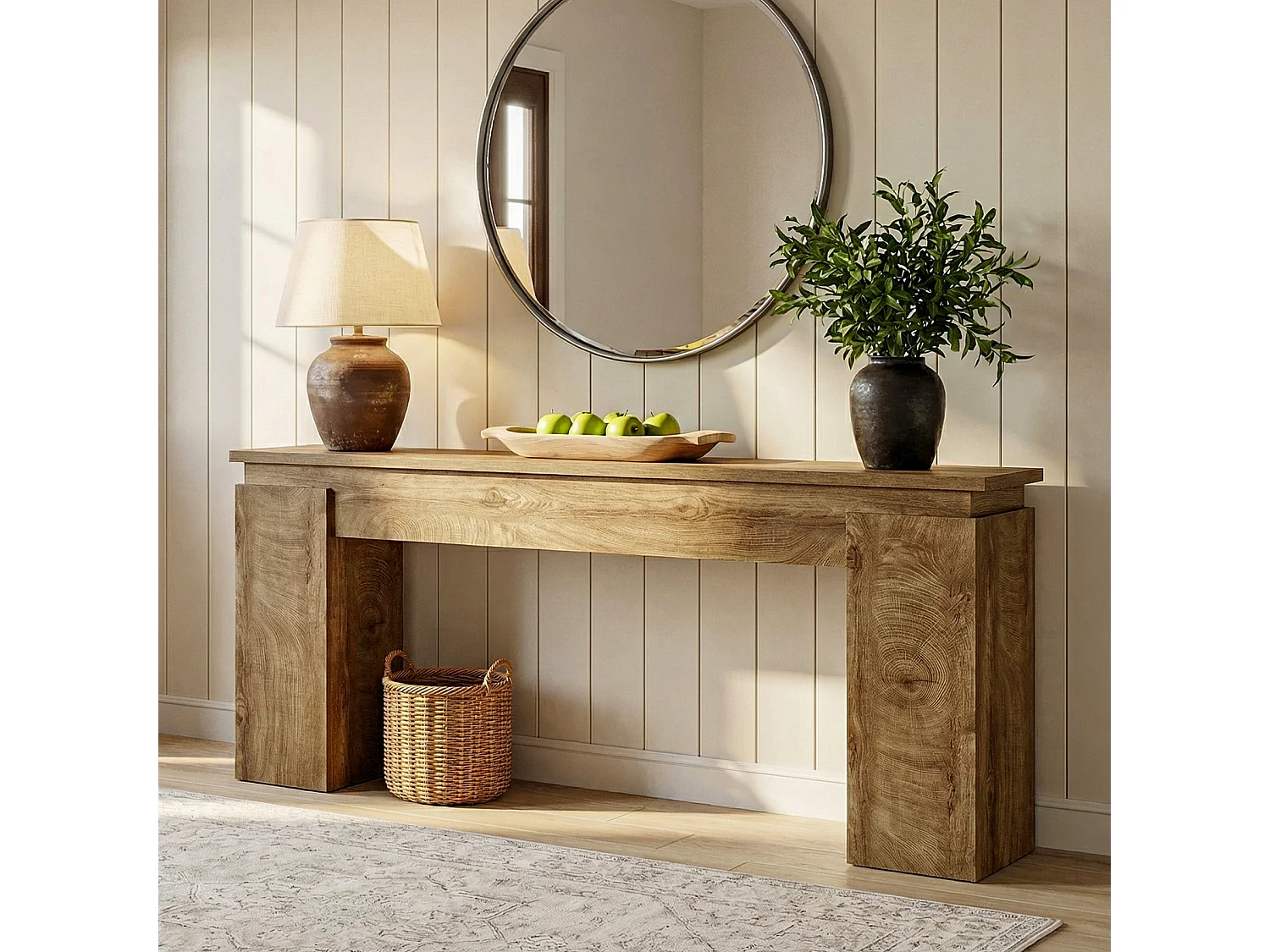 Console de 160 cm, table d'entrée rustique avec rangement ouvert pour salon
