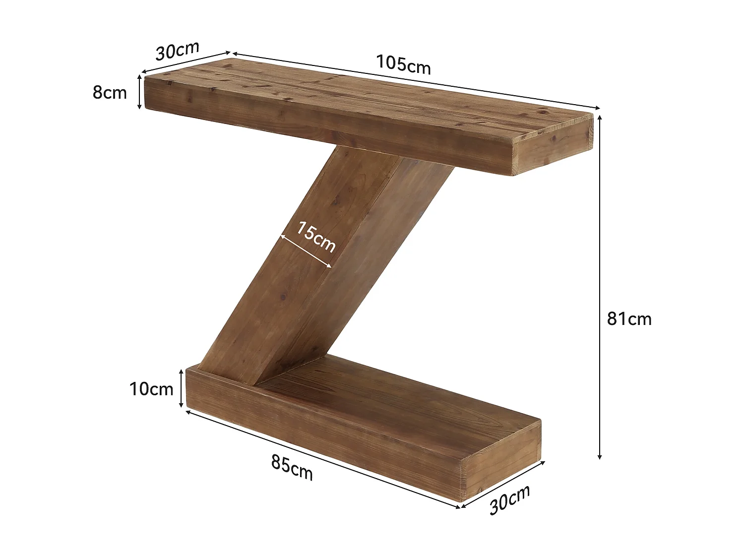 Console en bois massif 105 cm, petite table d'entrée rustique de style campagnard, table d'appoint unique en forme de Z pour canapé d'entrée