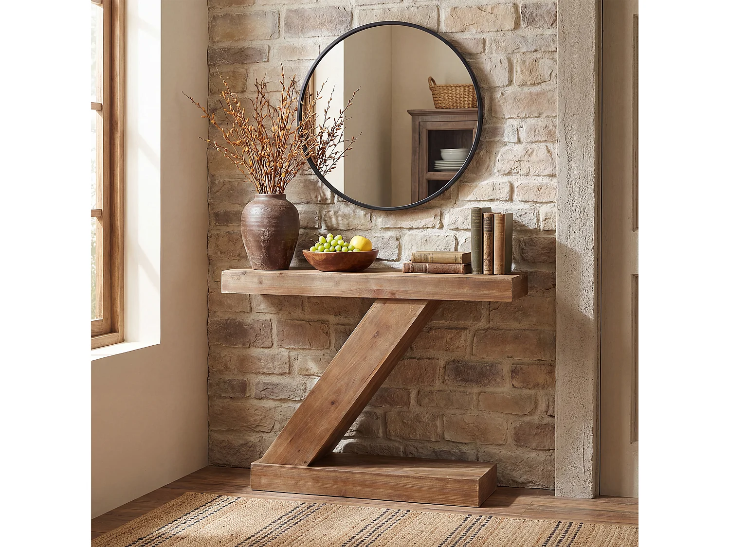 Console en bois massif 105 cm, petite table d'entrée rustique de style campagnard, table d'appoint unique en forme de Z pour canapé d'entrée