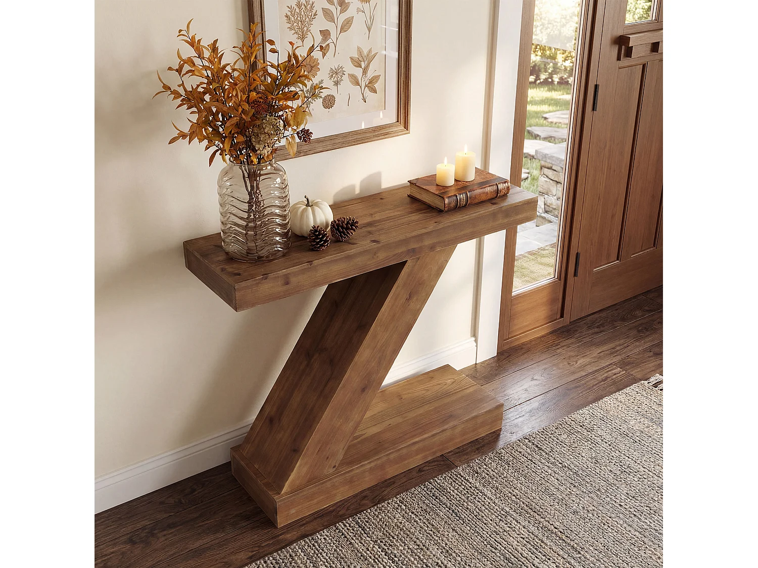 Console en bois massif 105 cm, petite table d'entrée rustique de style campagnard, table d'appoint unique en forme de Z pour canapé d'entrée