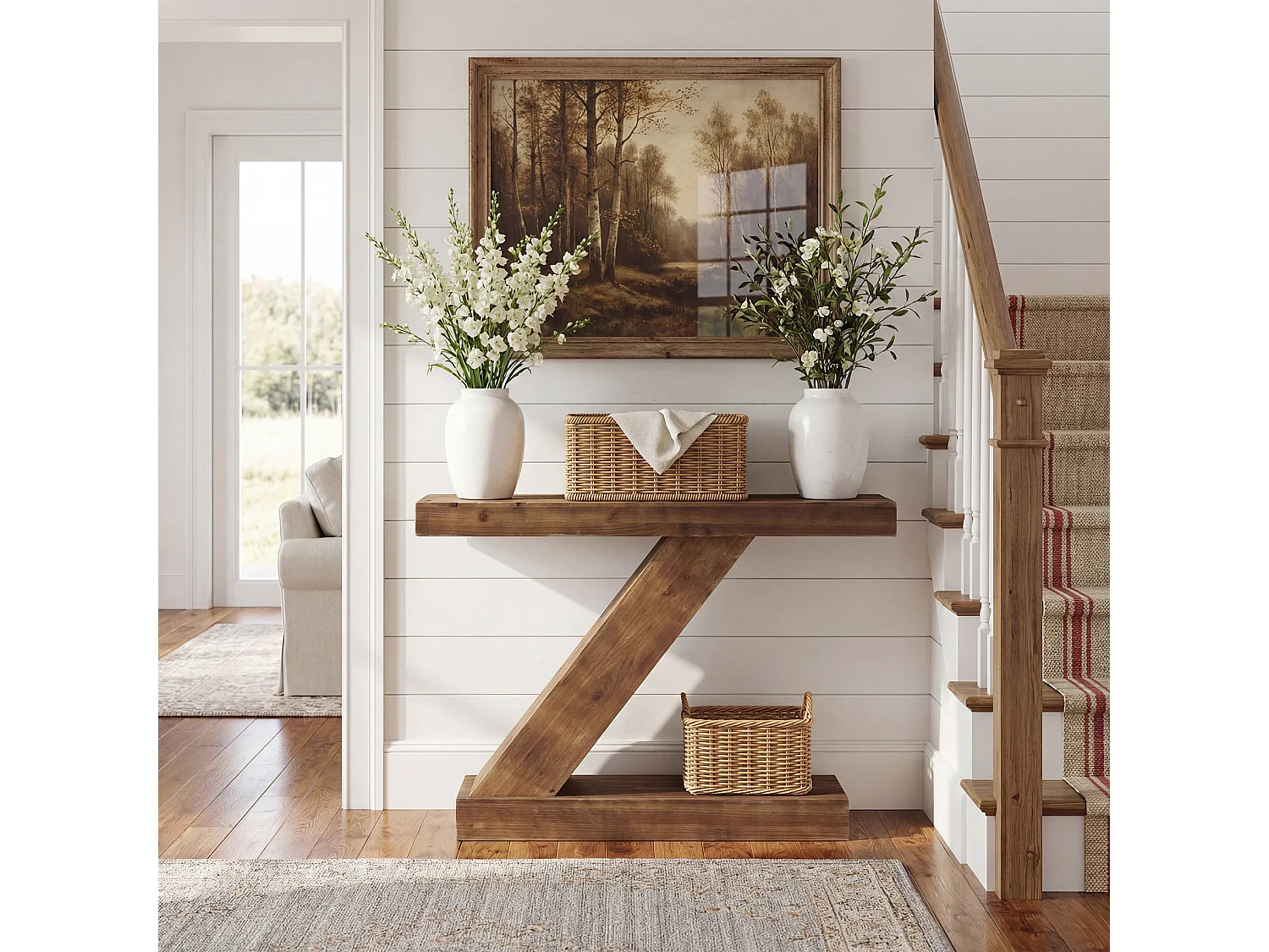 Console en bois massif 105 cm, petite table d'entrée rustique de style campagnard, table d'appoint unique en forme de Z pour canapé d'entrée