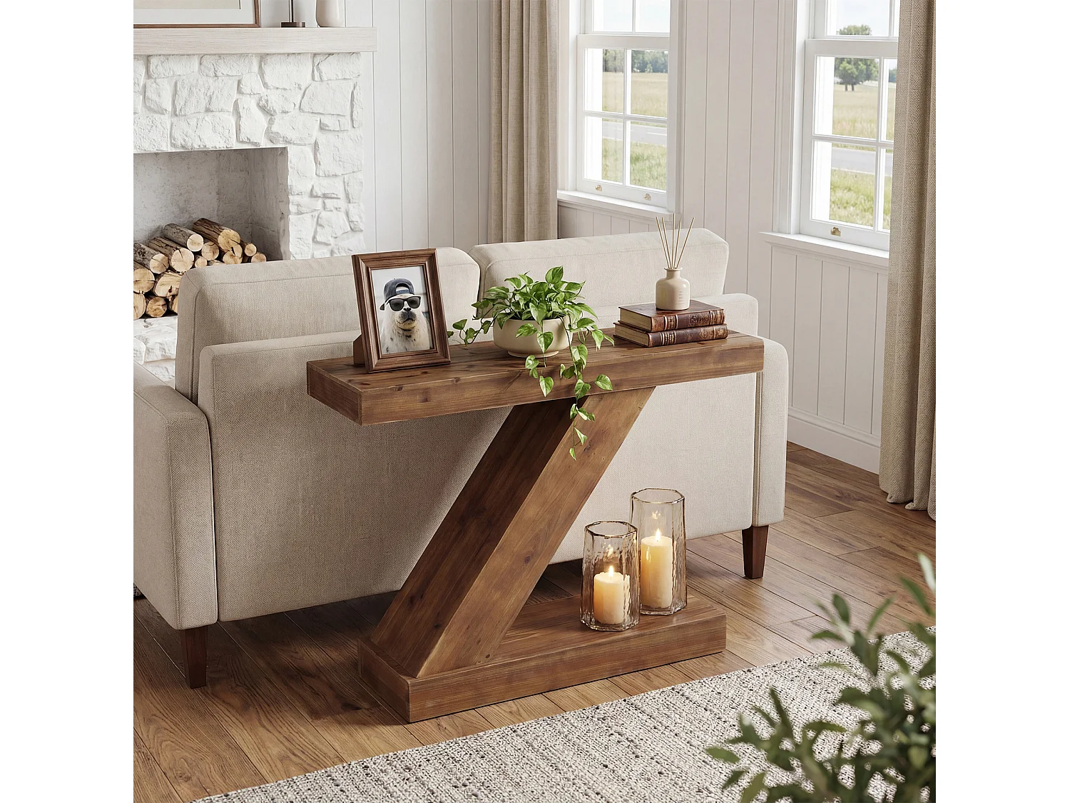 Console en bois massif 105 cm, petite table d'entrée rustique de style campagnard, table d'appoint unique en forme de Z pour canapé d'entrée