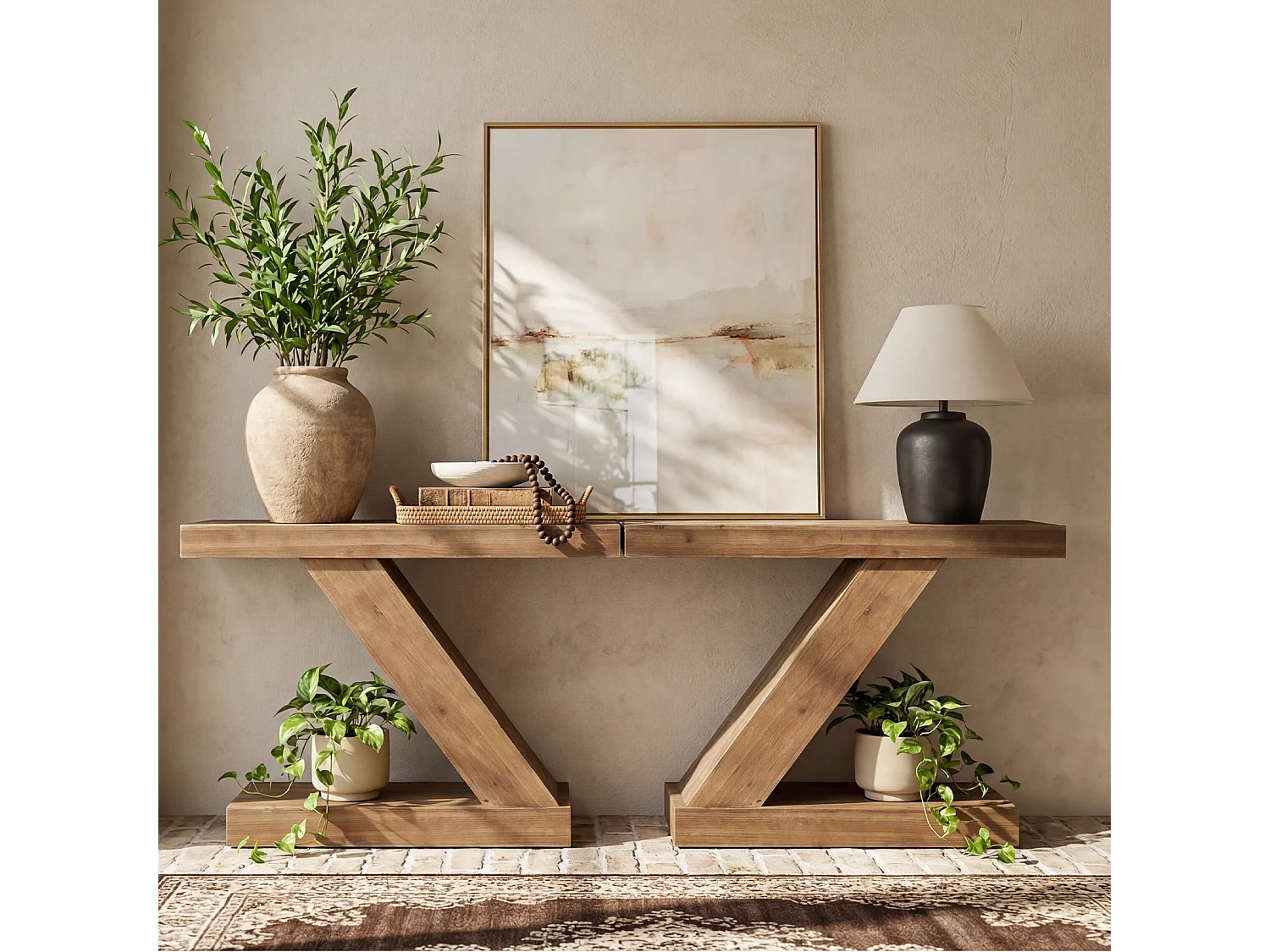 Console en bois massif 105 cm, petite table d'entrée rustique de style campagnard, table d'appoint unique en forme de Z pour canapé d'entrée