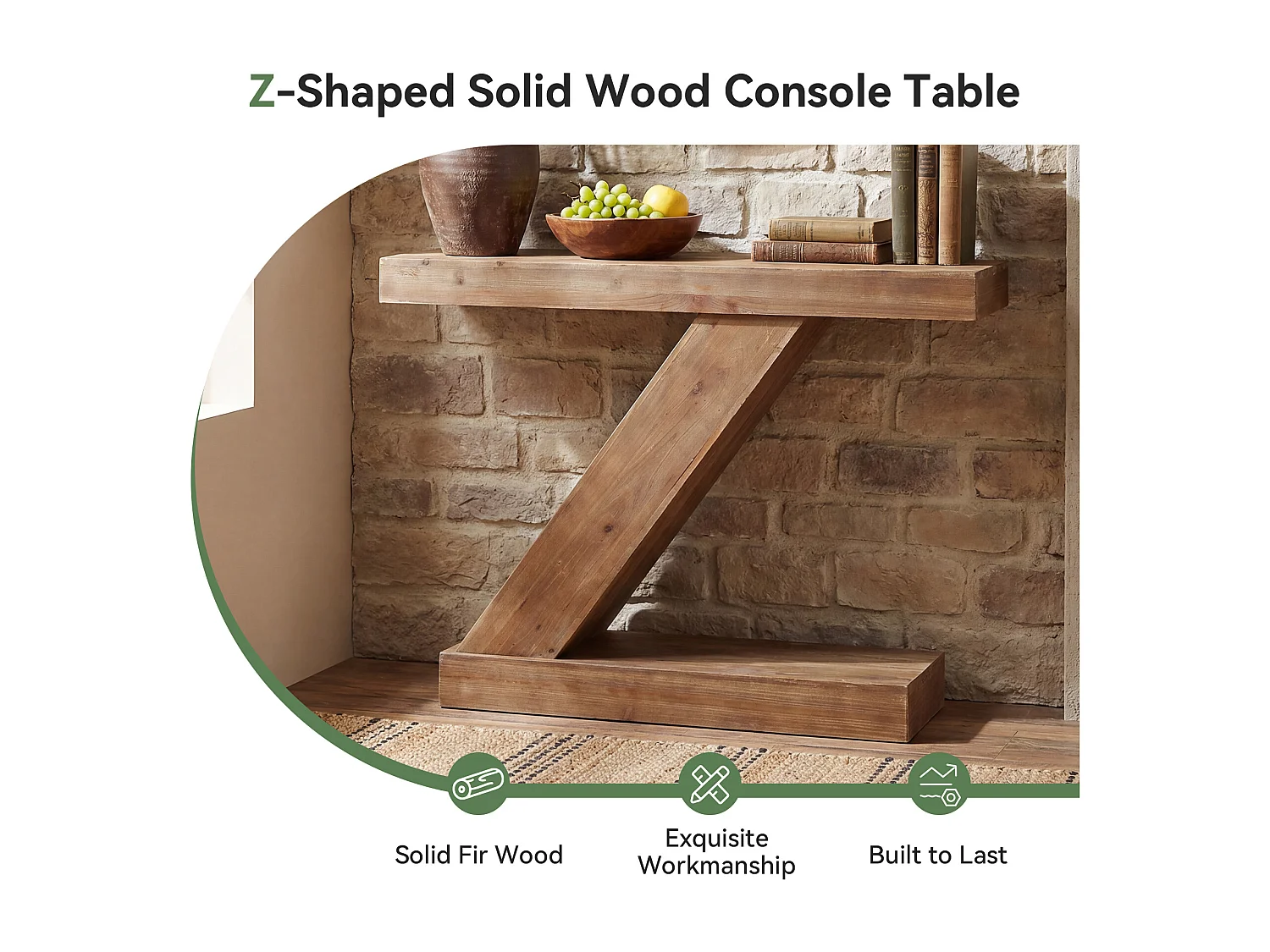 Console en bois massif 105 cm, petite table d'entrée rustique de style campagnard, table d'appoint unique en forme de Z pour canapé d'entrée