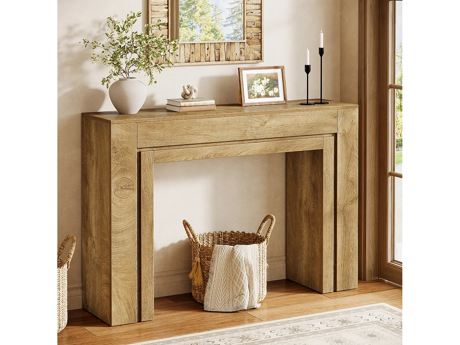 Console de 105 cm, table d'entrée étroite à double piètement, meuble d'appoint moderne pour entrée.