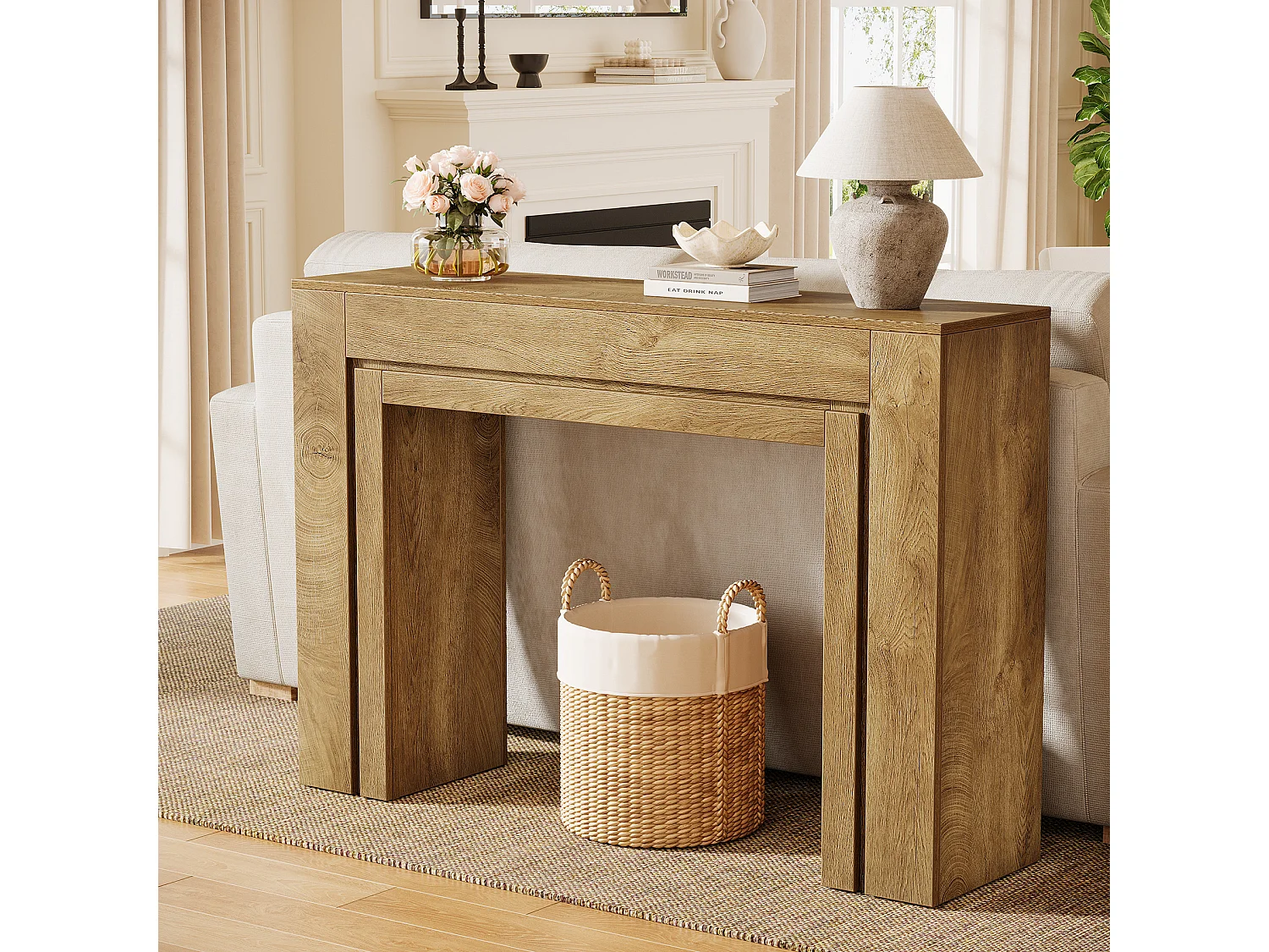 Console de 105 cm, table d'entrée étroite à double piètement, meuble d'appoint moderne pour entrée.