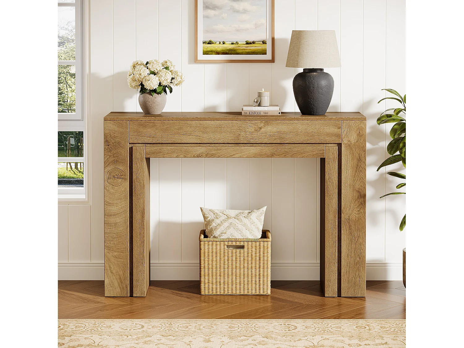 Console de 105 cm, table d'entrée étroite à double piètement, meuble d'appoint moderne pour entrée.