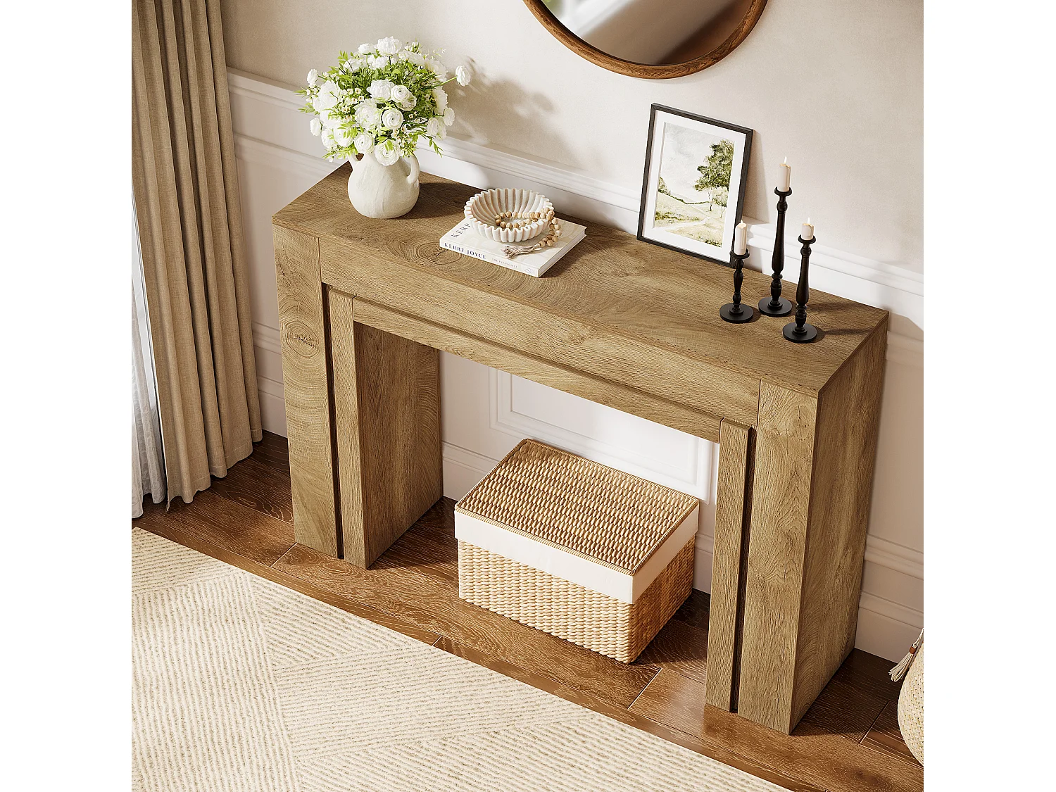 Console de 105 cm, table d'entrée étroite à double piètement, meuble d'appoint moderne pour entrée.