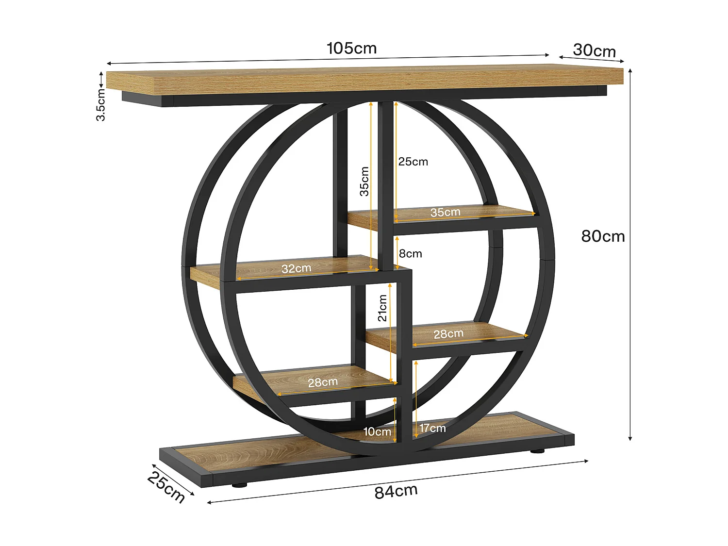 Konsole 105 cm, industrielle 6-stufige Garderobentafel mit kreisförmiger Basis, schmale Akzenttafel