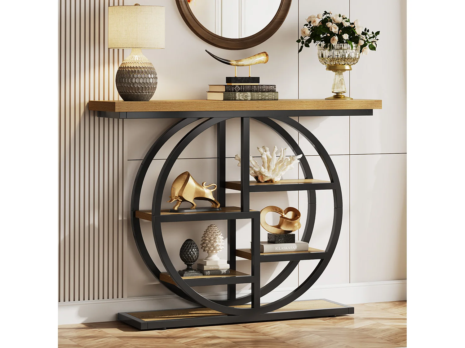 Konsole 105 cm, industrielle 6-stufige Garderobentafel mit kreisförmiger Basis, schmale Akzenttafel