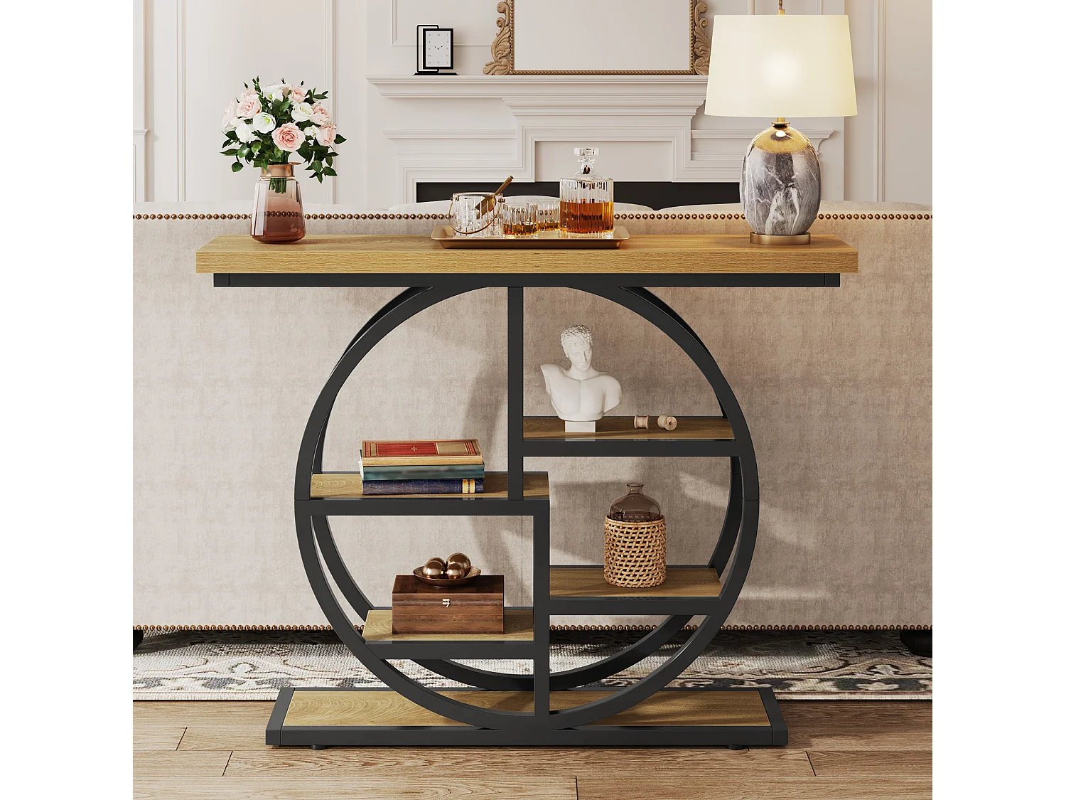 Konsole 105 cm, industrielle 6-stufige Garderobentafel mit kreisförmiger Basis, schmale Akzenttafel