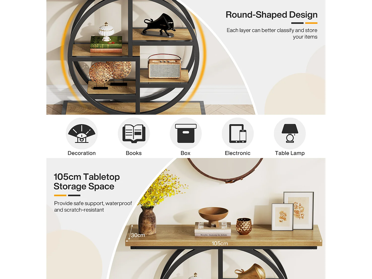 Konsole 105 cm, industrielle 6-stufige Garderobentafel mit kreisförmiger Basis, schmale Akzenttafel