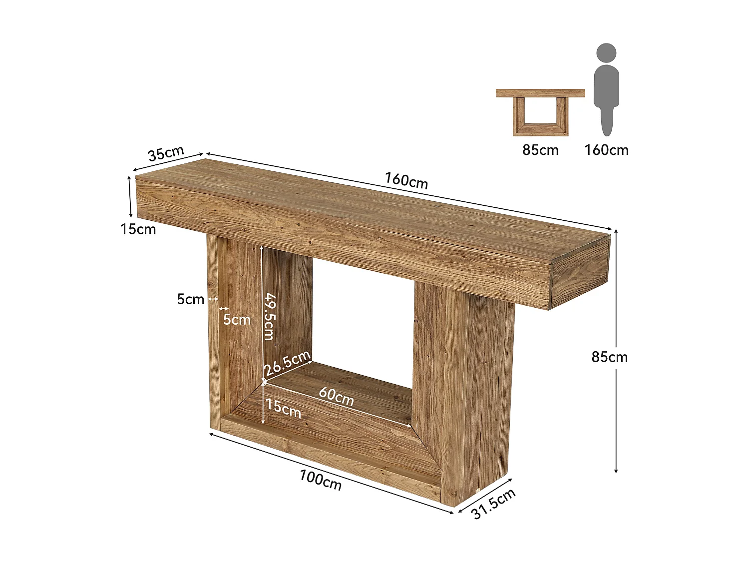 Console en bois massif, 160 cm, style ferme, avec étagère de rangement ouverte.