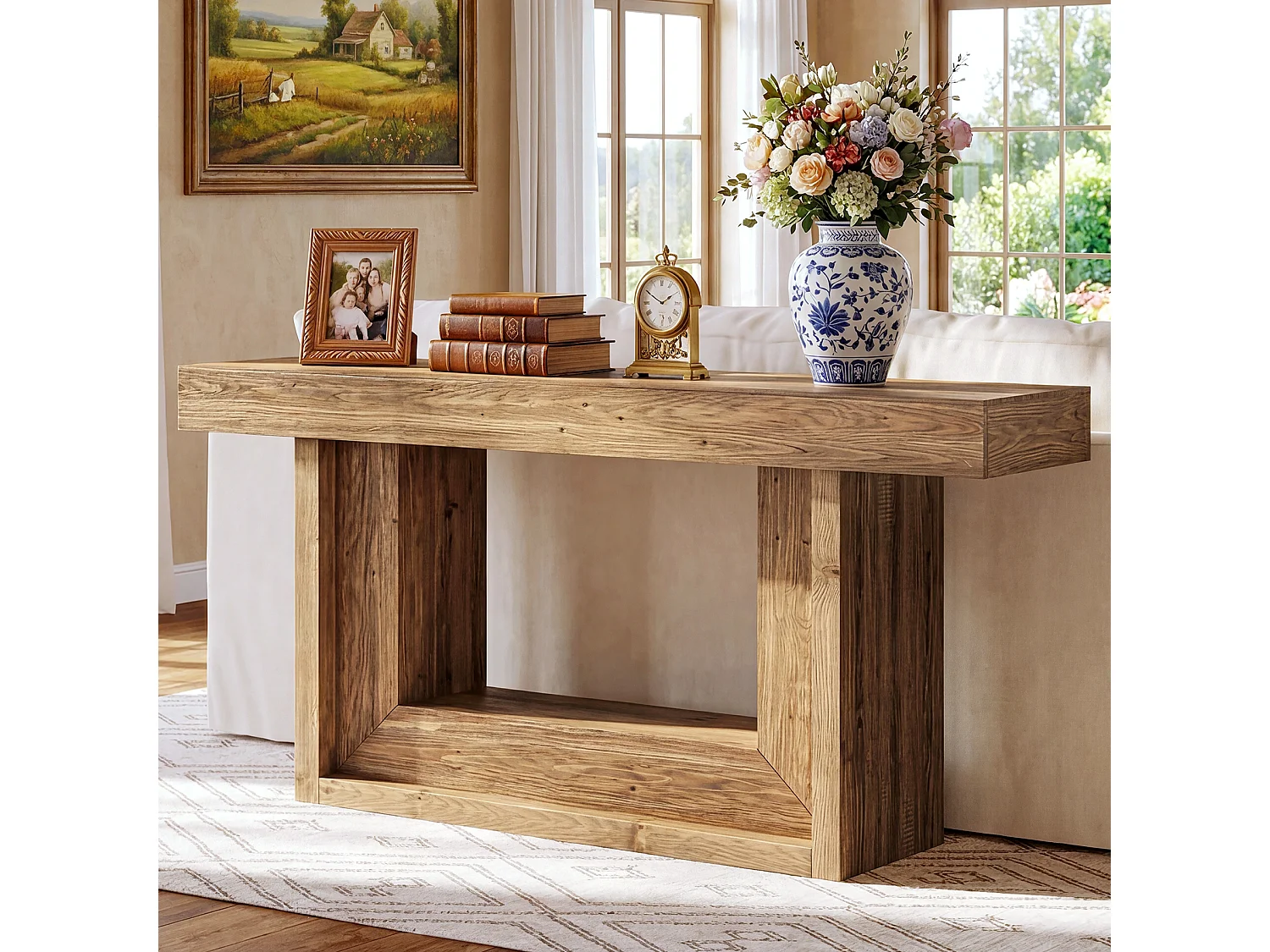 Console en bois massif, 160 cm, style ferme, avec étagère de rangement ouverte.