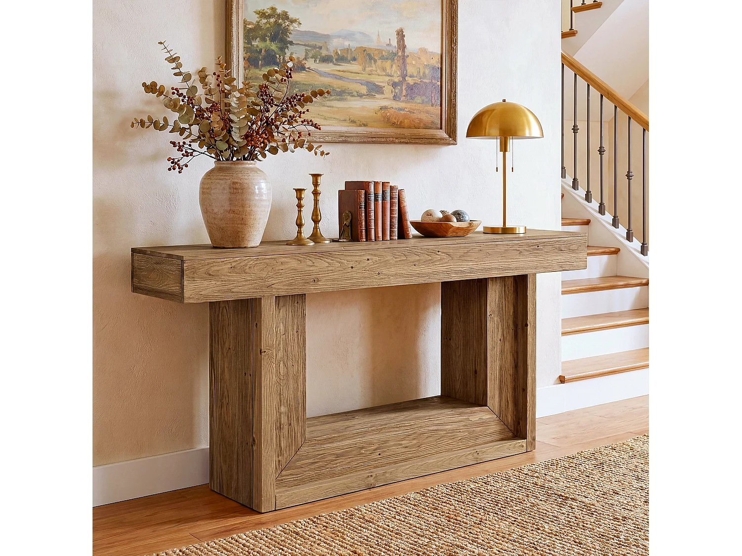 Console en bois massif, 160 cm, style ferme, avec étagère de rangement ouverte.