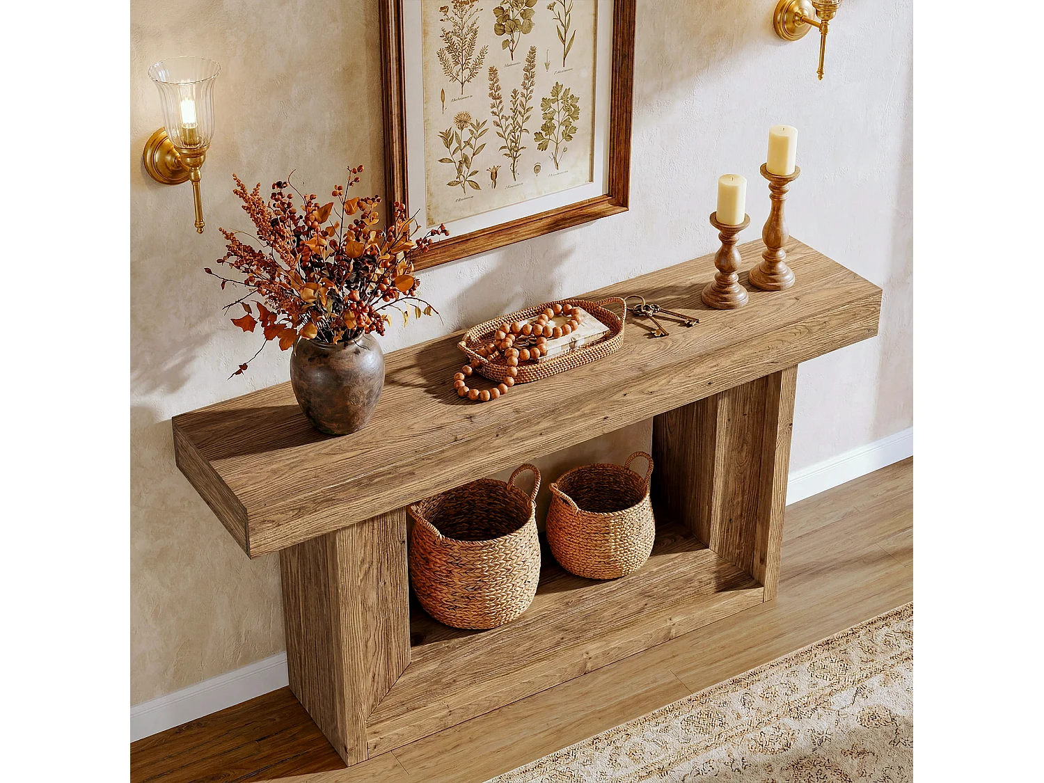 Console en bois massif, 160 cm, style ferme, avec étagère de rangement ouverte.