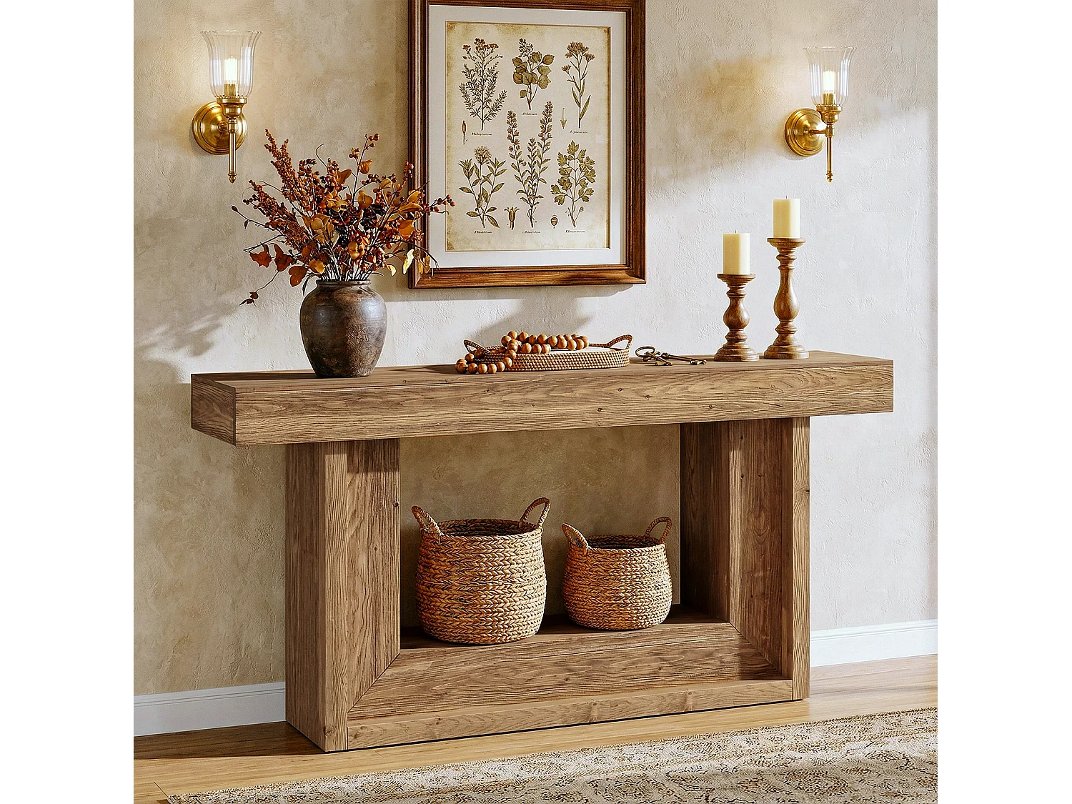 Console en bois massif, 160 cm, style ferme, avec étagère de rangement ouverte.