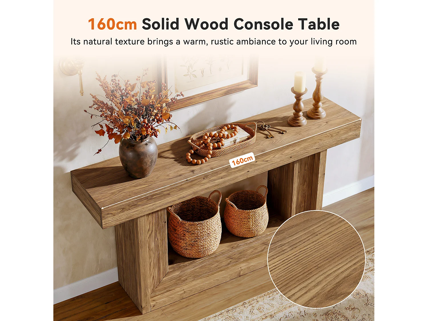 Console en bois massif, 160 cm, style ferme, avec étagère de rangement ouverte.
