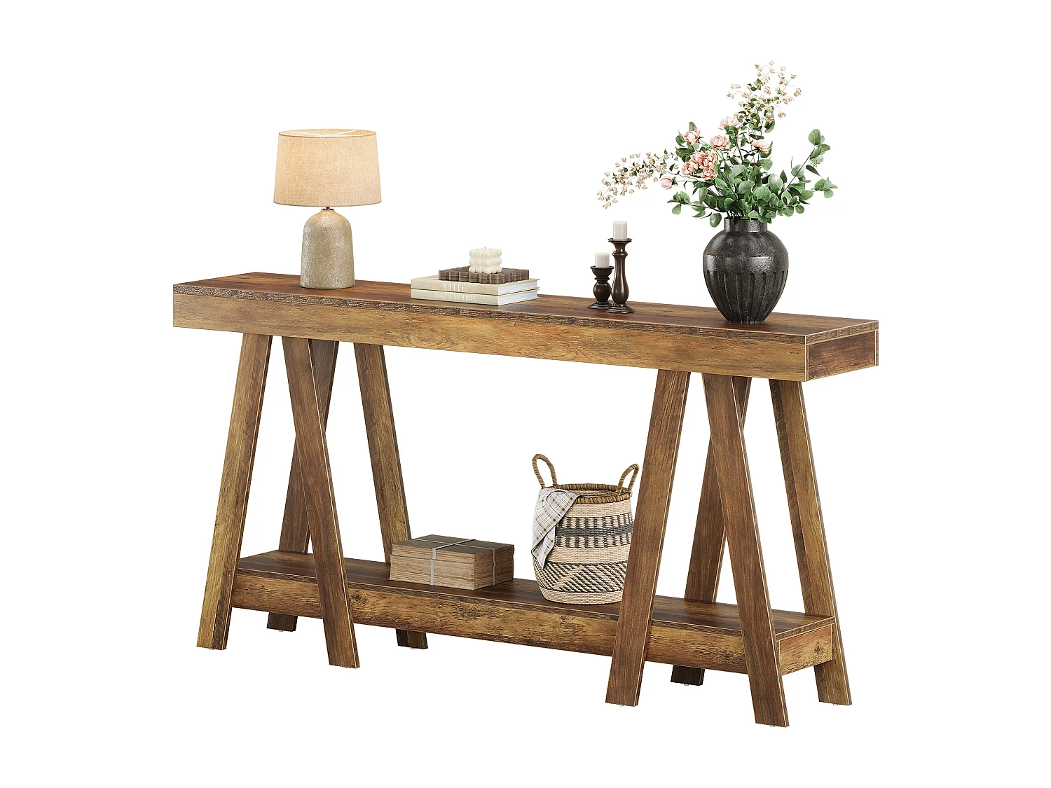 Console de style campagnard de 180 cm, à deux niveaux, idéale pour une entrée ou un salon. À placer derrière un canapé.