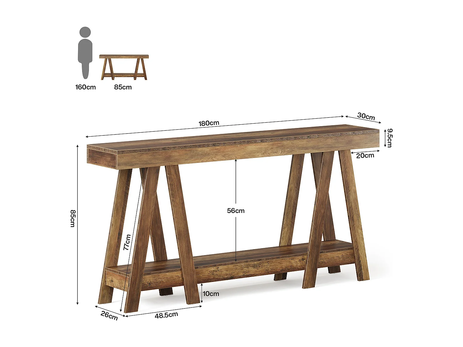 Console de style campagnard de 180 cm, à deux niveaux, idéale pour une entrée ou un salon. À placer derrière un canapé.