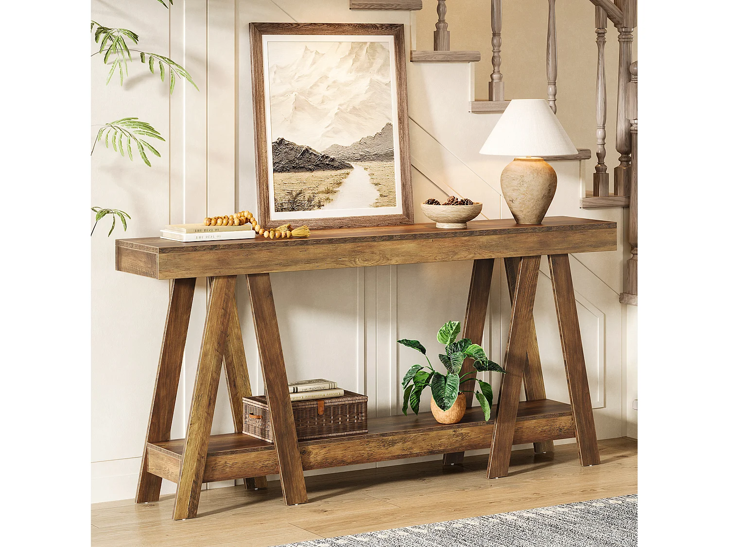 Console de style campagnard de 180 cm, à deux niveaux, idéale pour une entrée ou un salon. À placer derrière un canapé.