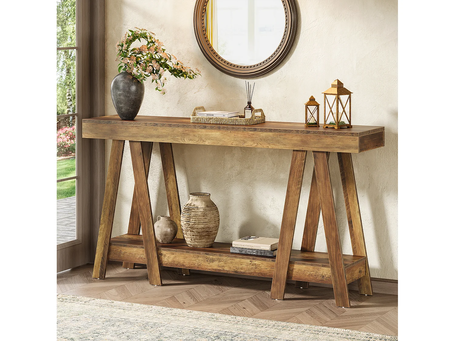 Console de style campagnard de 180 cm, à deux niveaux, idéale pour une entrée ou un salon. À placer derrière un canapé.