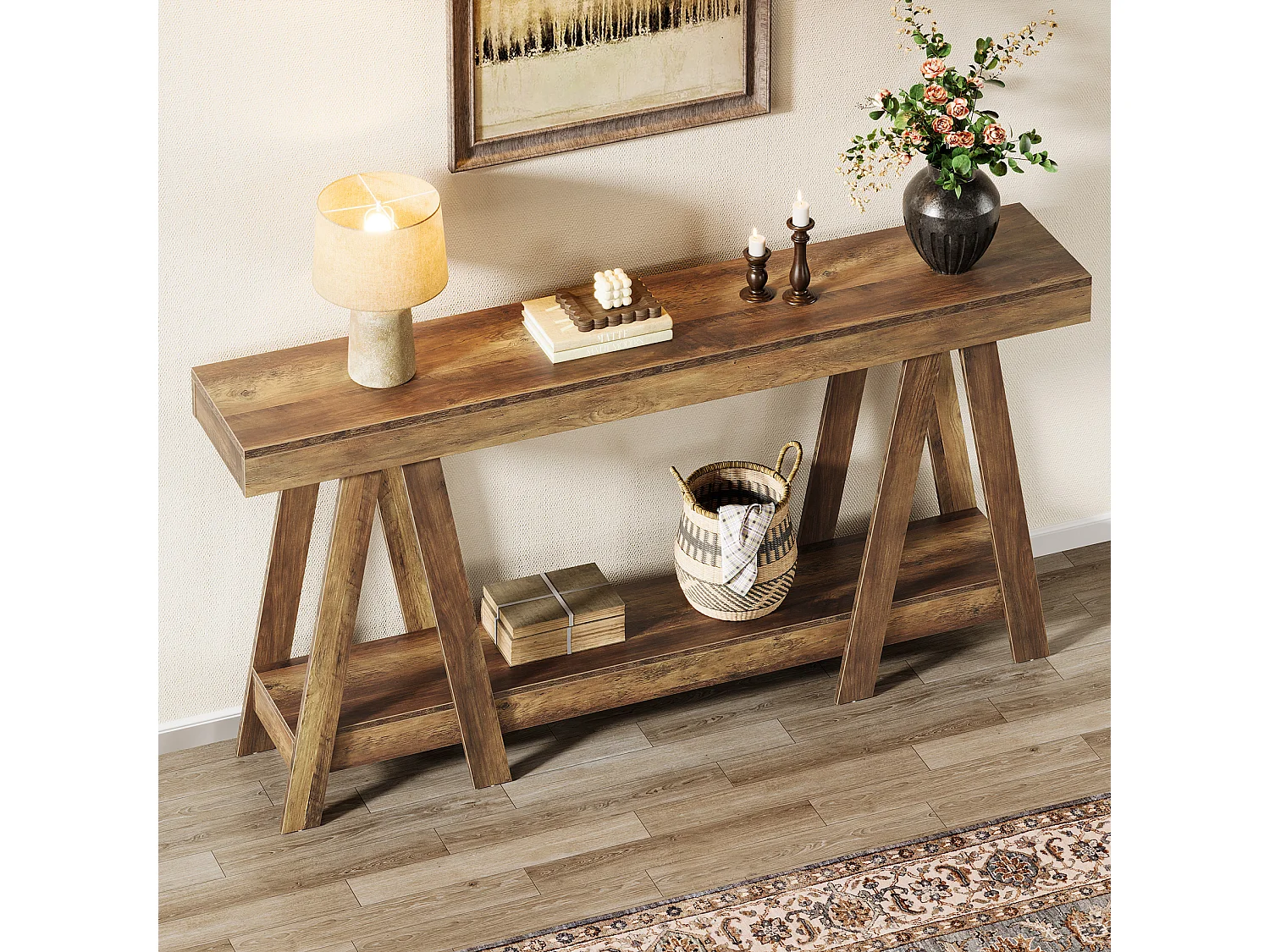 Console de style campagnard de 180 cm, à deux niveaux, idéale pour une entrée ou un salon. À placer derrière un canapé.