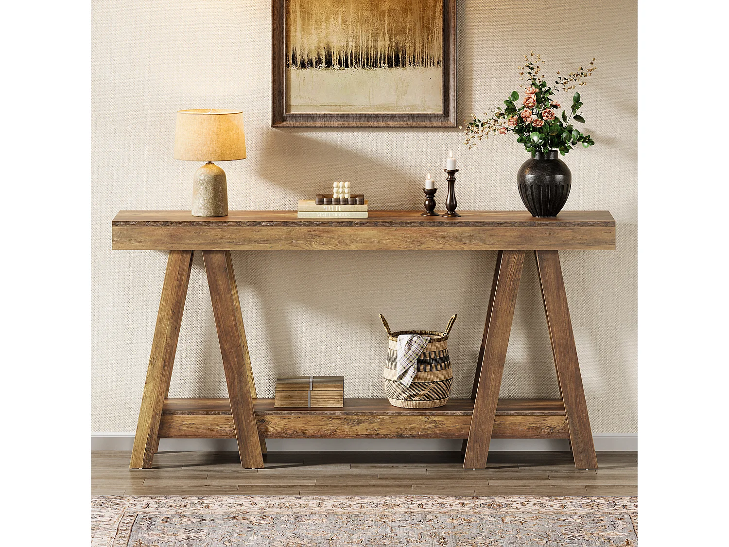 Console de style campagnard de 180 cm, à deux niveaux, idéale pour une entrée ou un salon. À placer derrière un canapé.