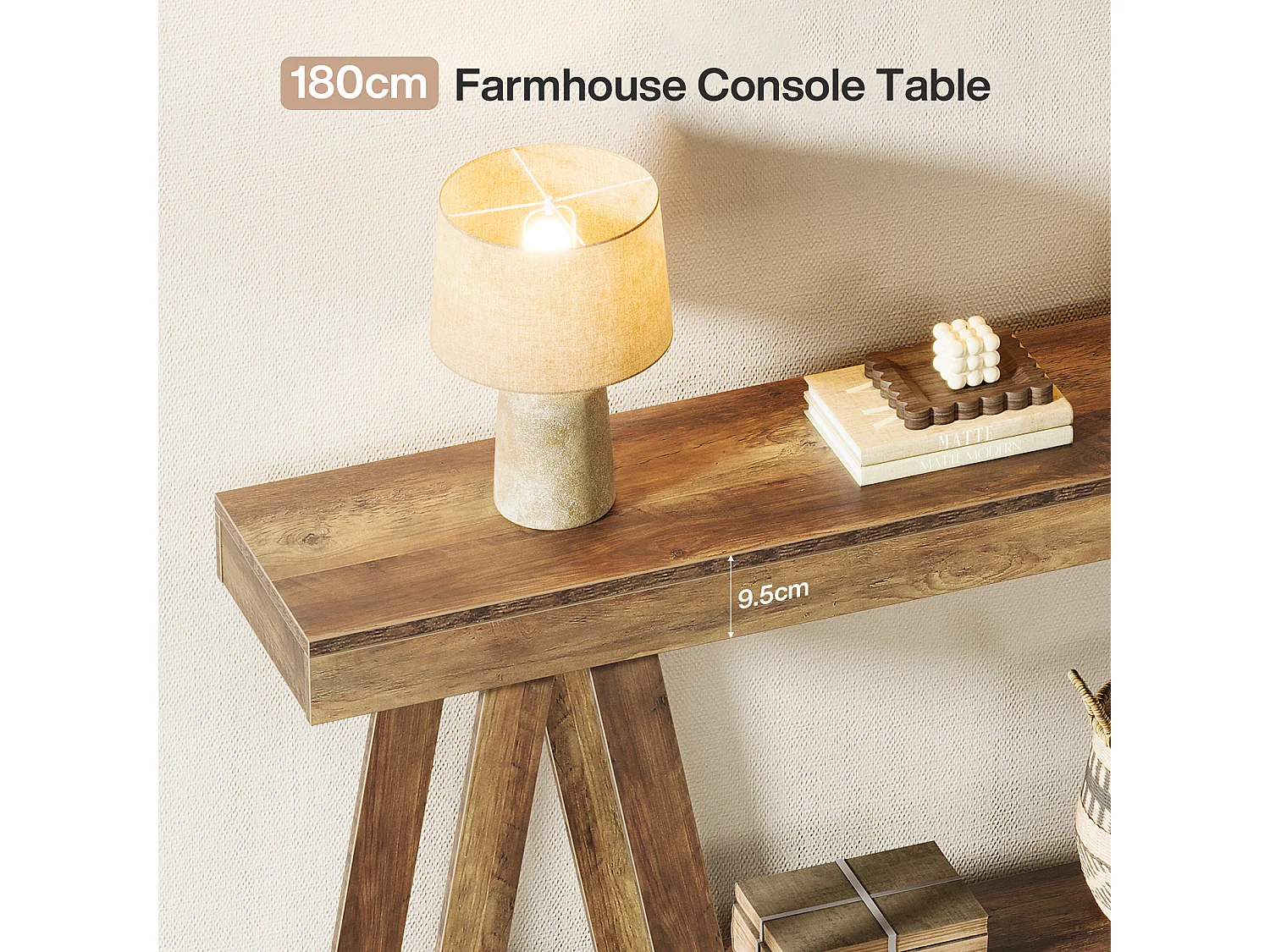 Console de style campagnard de 180 cm, à deux niveaux, idéale pour une entrée ou un salon. À placer derrière un canapé.