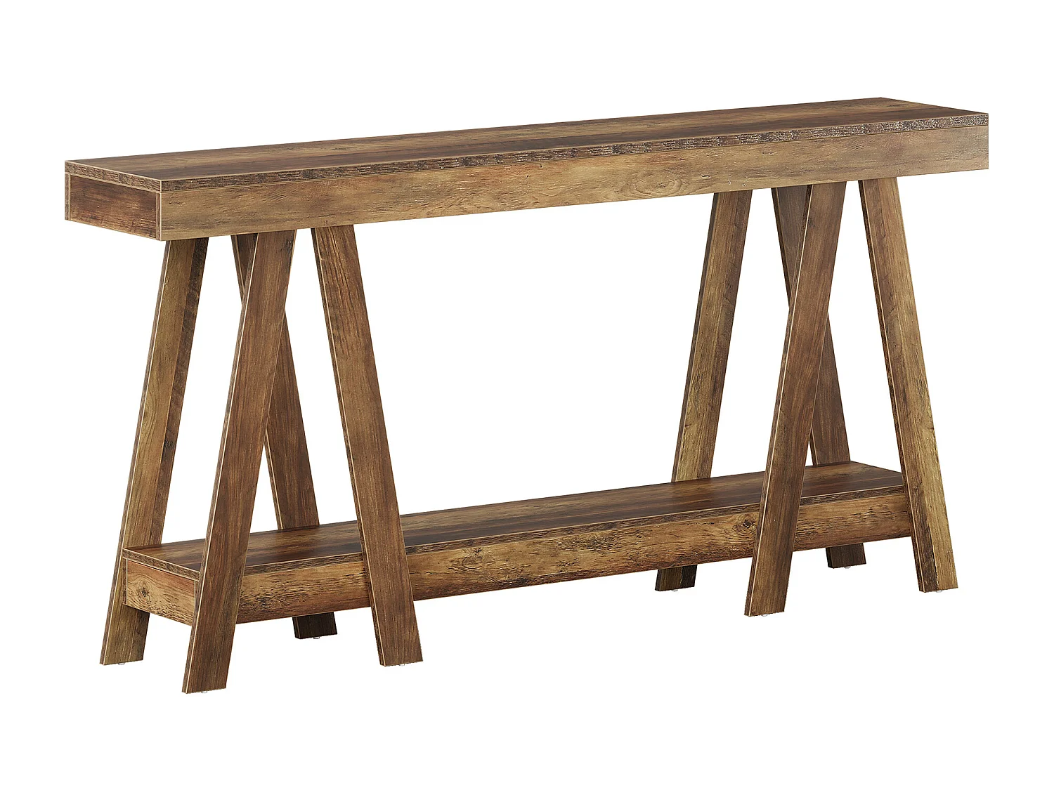 Console de style campagnard de 180 cm, à deux niveaux, idéale pour une entrée ou un salon. À placer derrière un canapé.