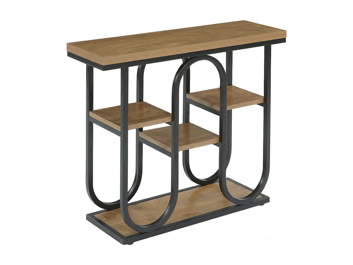 Console industrielle, table d'appoint à 4 niveaux avec étagères ouvertes et structure métallique, table d'entrée rustique