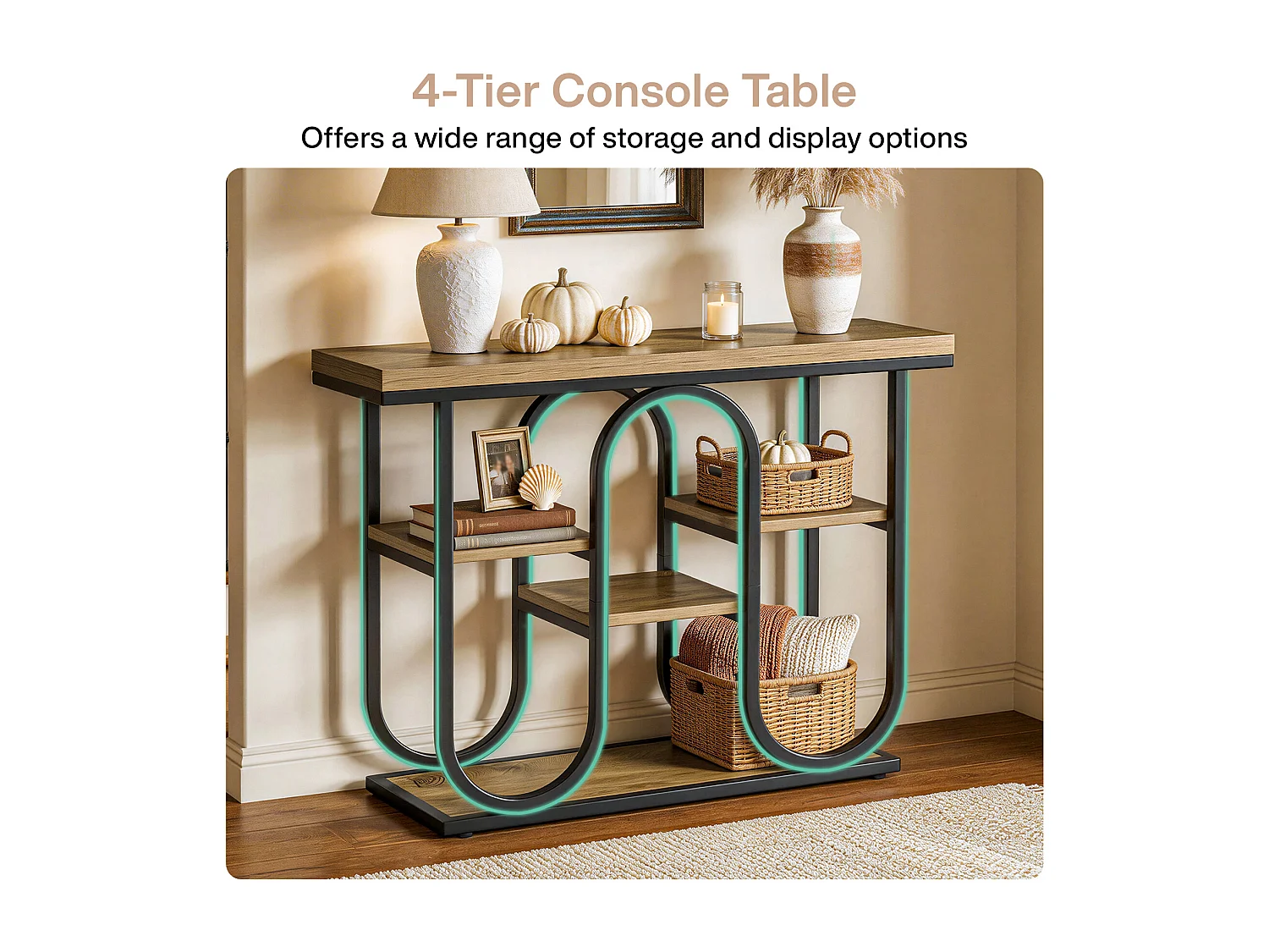 Console industrielle, table d'appoint à 4 niveaux avec étagères ouvertes et structure métallique, table d'entrée rustique