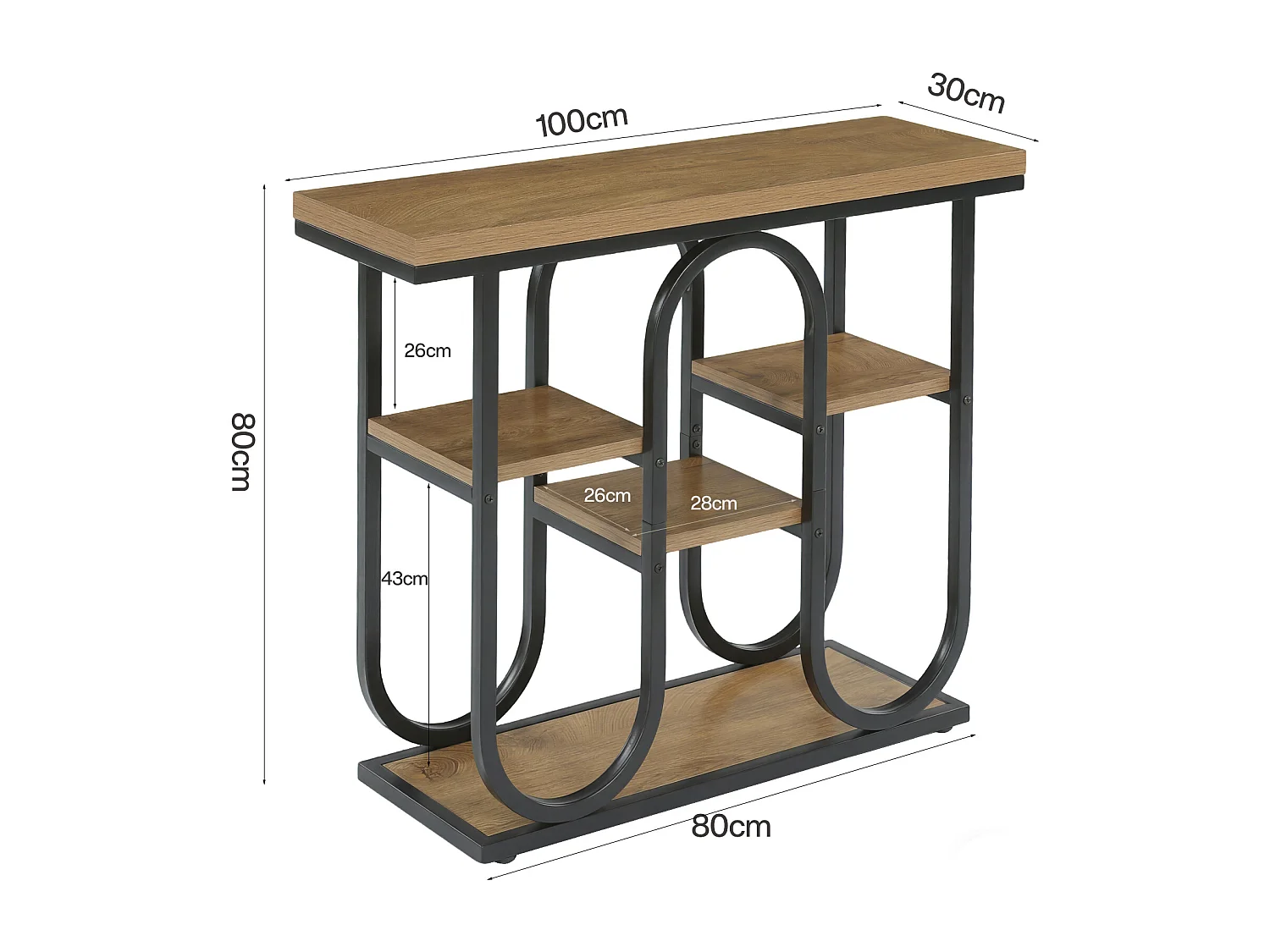 Console industrielle, table d'appoint à 4 niveaux avec étagères ouvertes et structure métallique, table d'entrée rustique