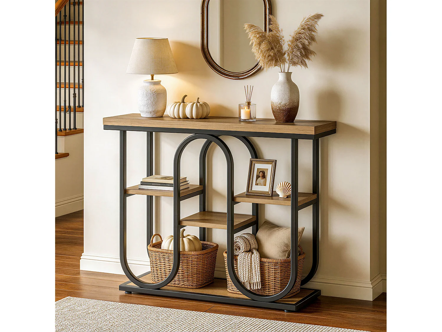 Console industrielle, table d'appoint à 4 niveaux avec étagères ouvertes et structure métallique, table d'entrée rustique
