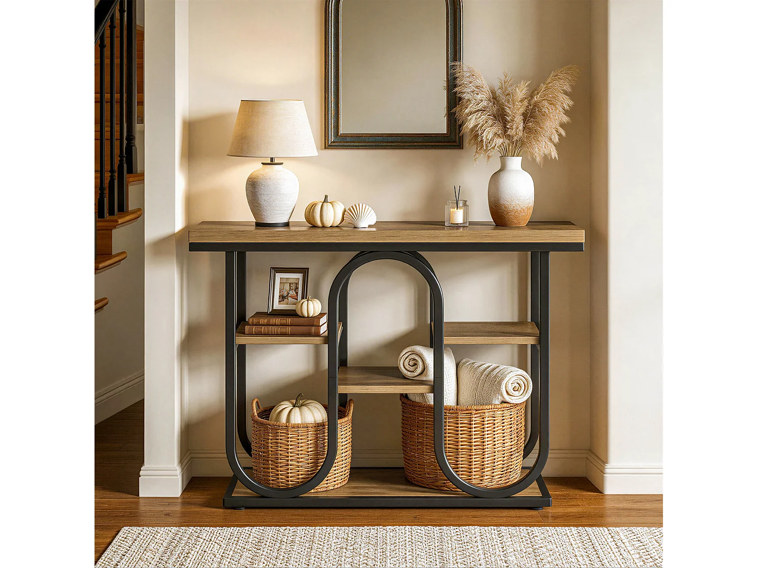 Console industrielle, table d'appoint à 4 niveaux avec étagères ouvertes et structure métallique, table d'entrée rustique