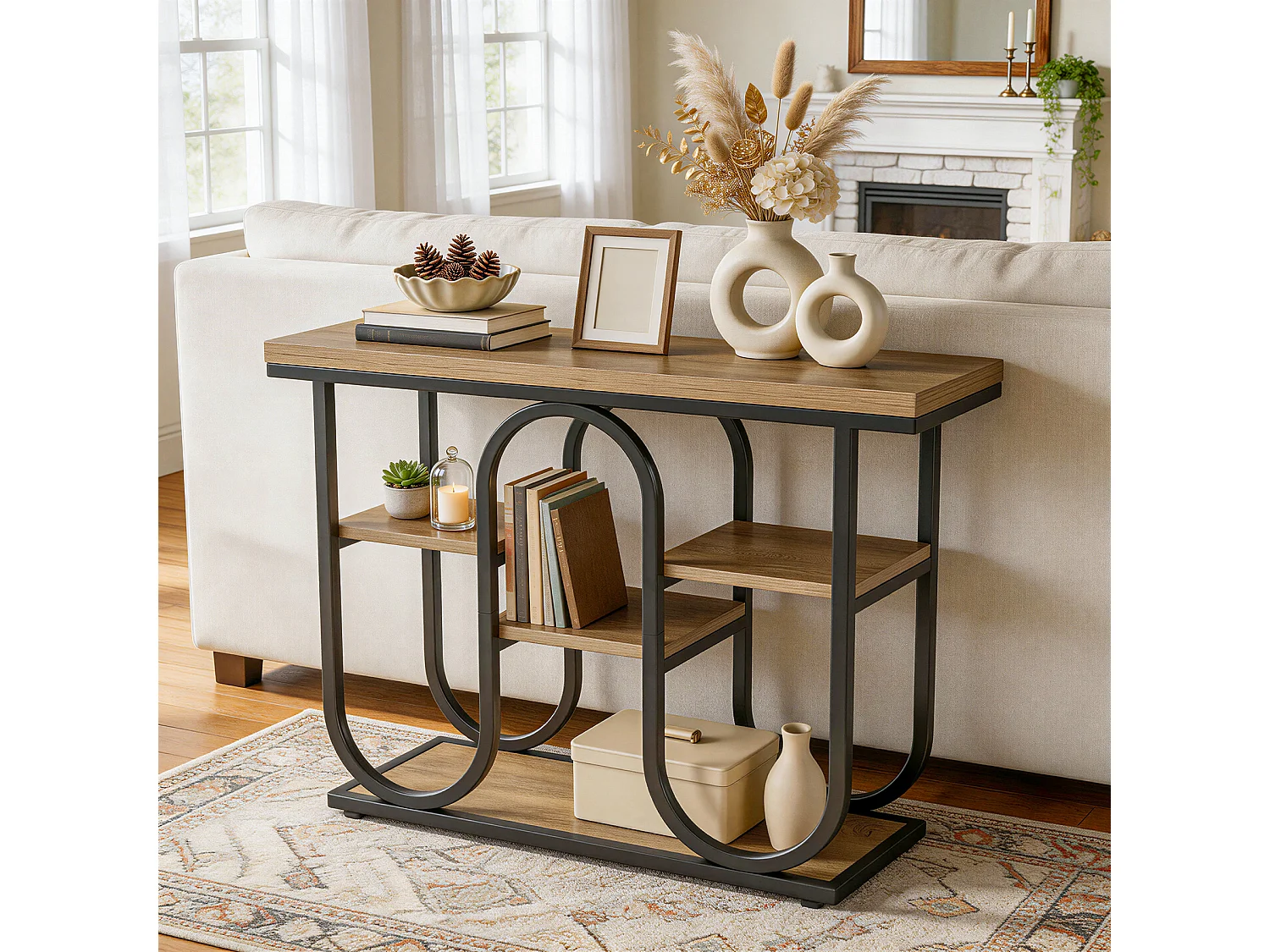 Console industrielle, table d'appoint à 4 niveaux avec étagères ouvertes et structure métallique, table d'entrée rustique