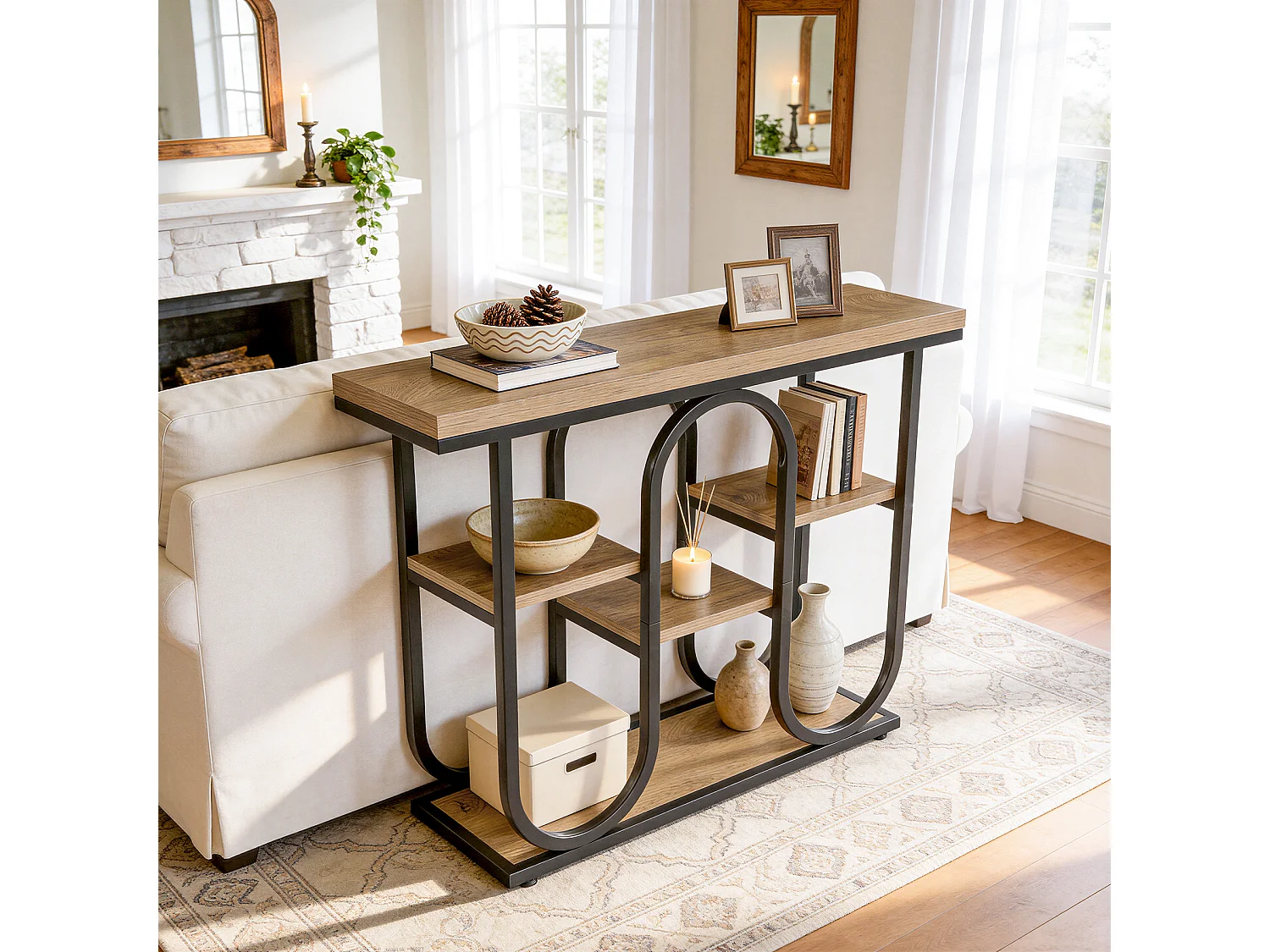 Console industrielle, table d'appoint à 4 niveaux avec étagères ouvertes et structure métallique, table d'entrée rustique