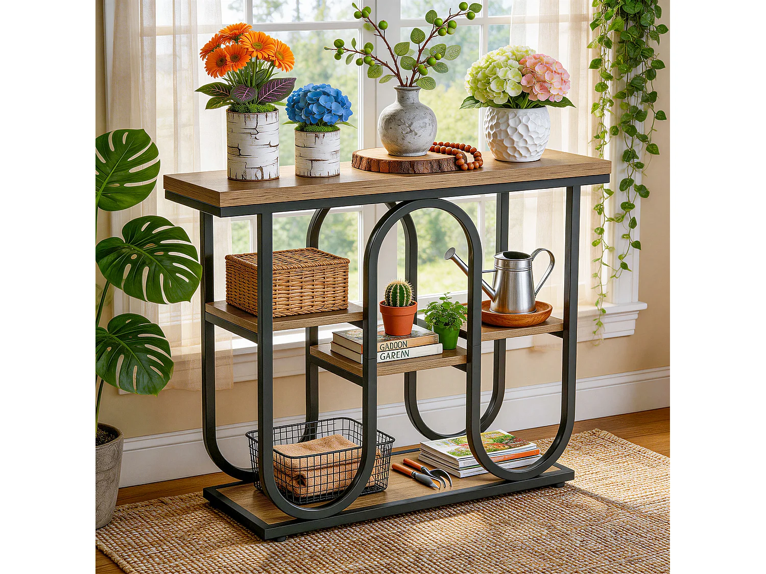 Console industrielle, table d'appoint à 4 niveaux avec étagères ouvertes et structure métallique, table d'entrée rustique