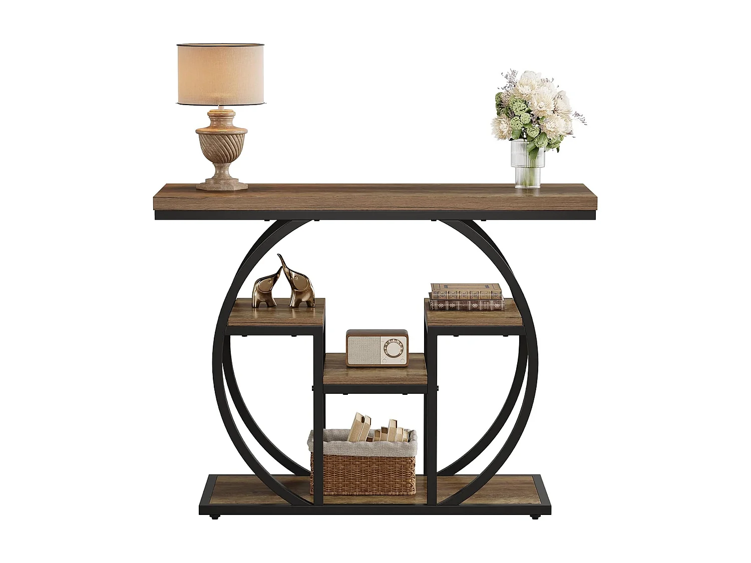 Console 105 cm, table d'appoint industrielle avec piètement circulaire, table de rangement étroite avec étagères.