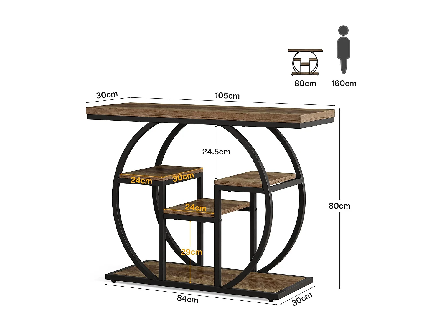 Console 105 cm, table d'appoint industrielle avec piètement circulaire, table de rangement étroite avec étagères.
