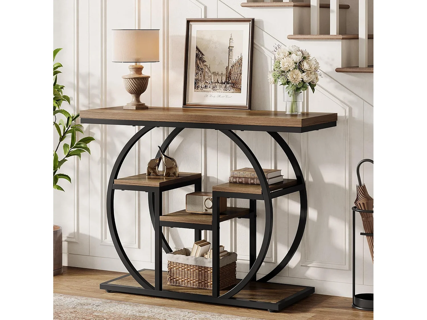 Console 105 cm, table d'appoint industrielle avec piètement circulaire, table de rangement étroite avec étagères.