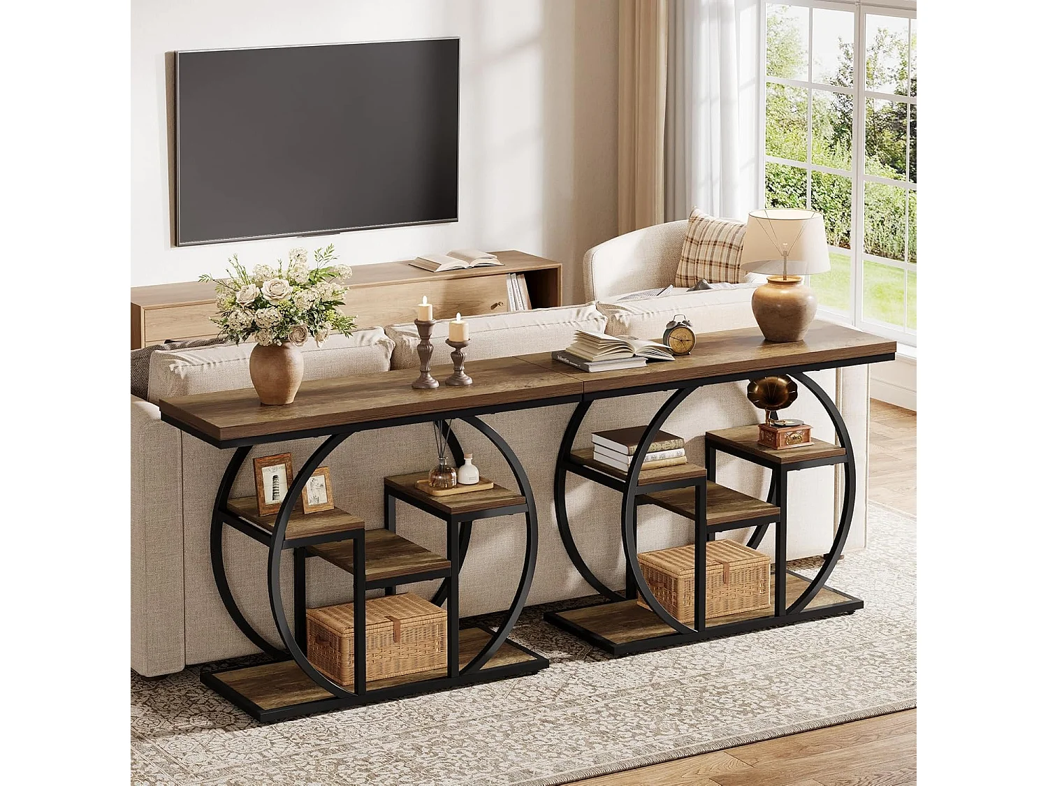 Console 105 cm, table d'appoint industrielle avec piètement circulaire, table de rangement étroite avec étagères.