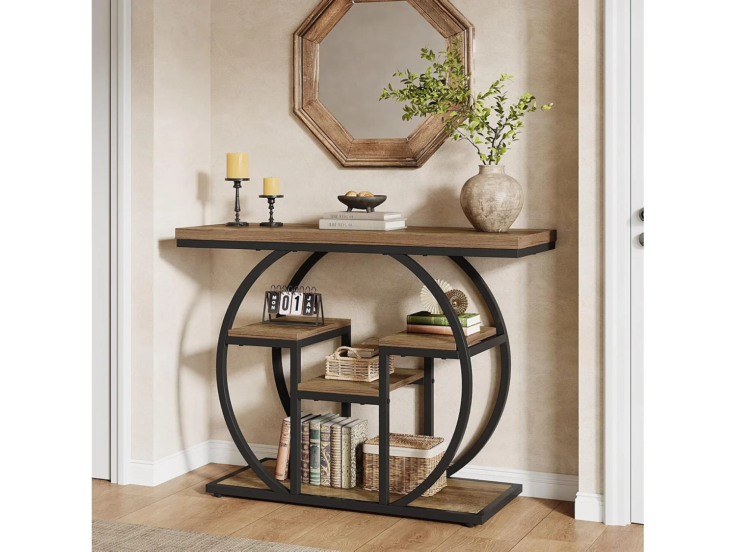 Console 105 cm, table d'appoint industrielle avec piètement circulaire, table de rangement étroite avec étagères.