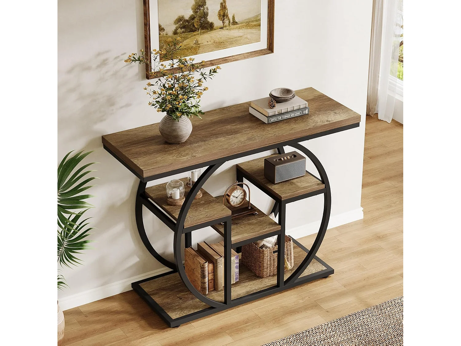 Console 105 cm, table d'appoint industrielle avec piètement circulaire, table de rangement étroite avec étagères.
