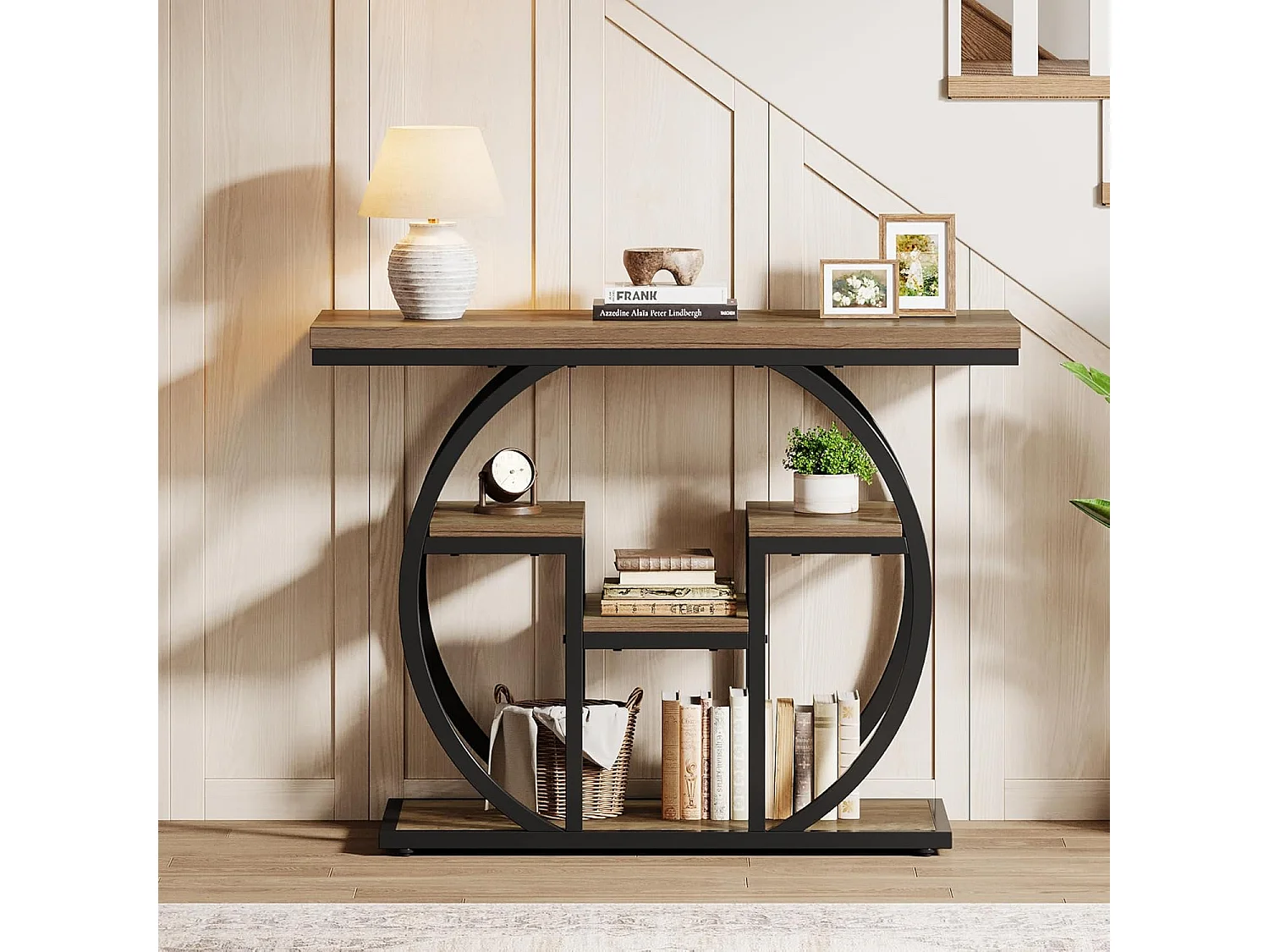 Console 105 cm, table d'appoint industrielle avec piètement circulaire, table de rangement étroite avec étagères.