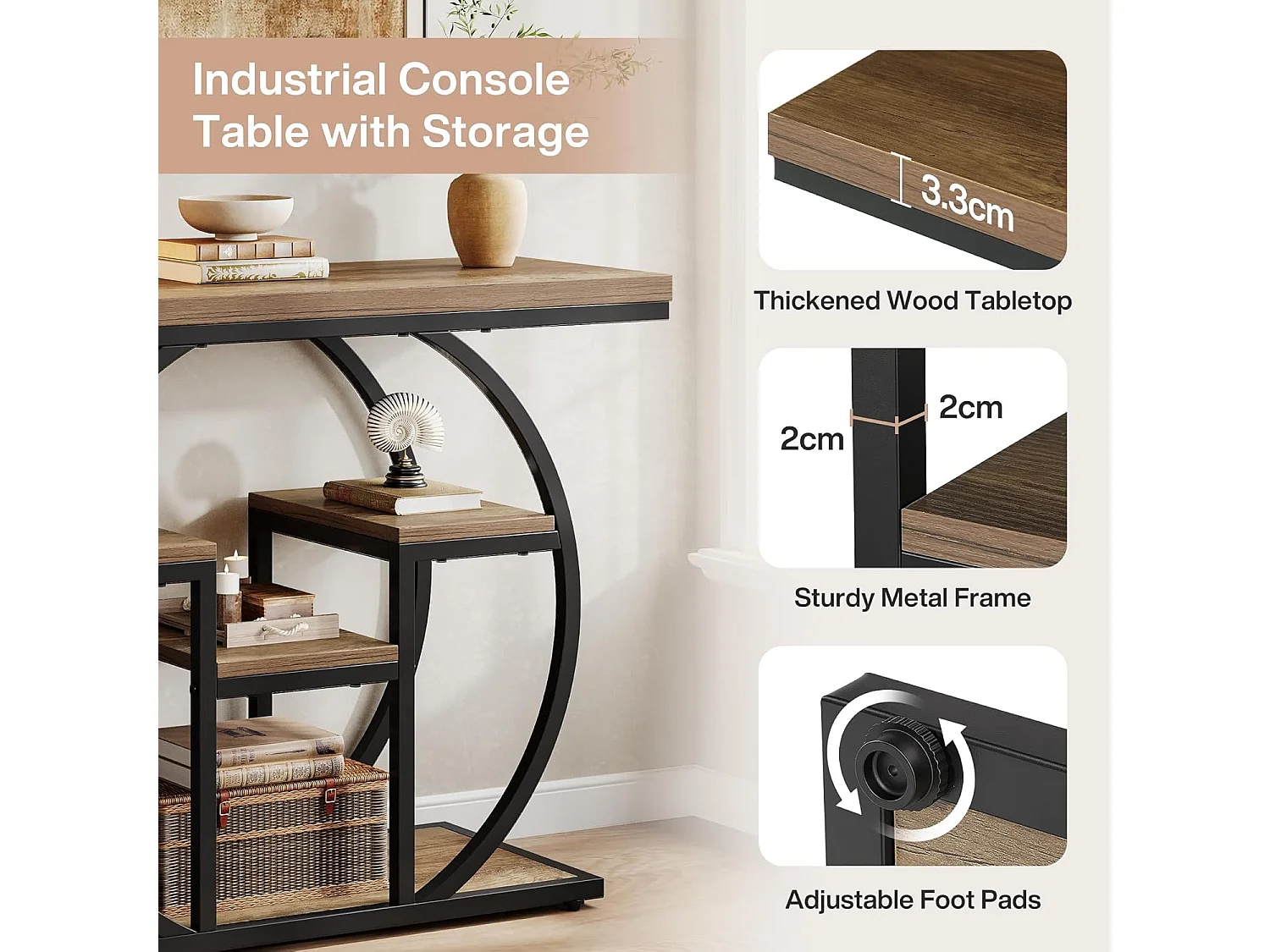 Console 105 cm, table d'appoint industrielle avec piètement circulaire, table de rangement étroite avec étagères.