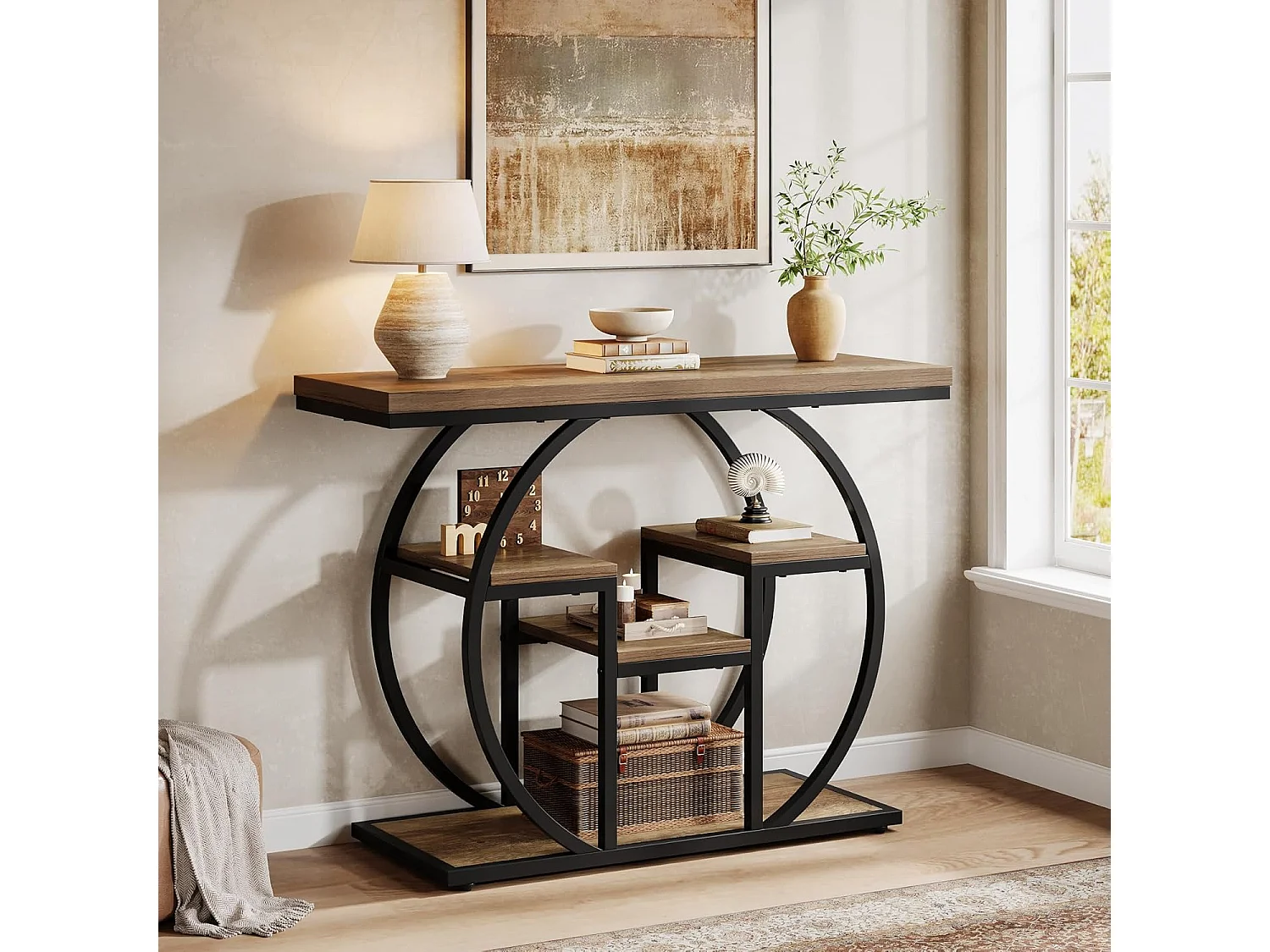 Console 105 cm, table d'appoint industrielle avec piètement circulaire, table de rangement étroite avec étagères.