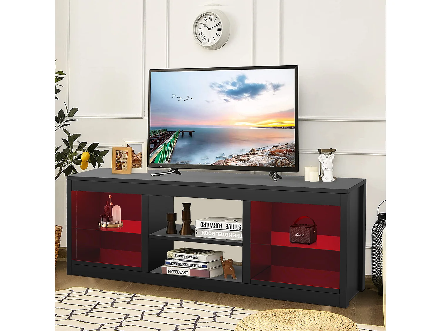 Parrot Uncle TV-Schrank für Fernseher bis 75 Zoll, MDF, Schwarz , mit 6 offenen Fächern und Farbwechselnde LED-Leiste, 168 x 42 x 56 cm, 54 kg Tragkra