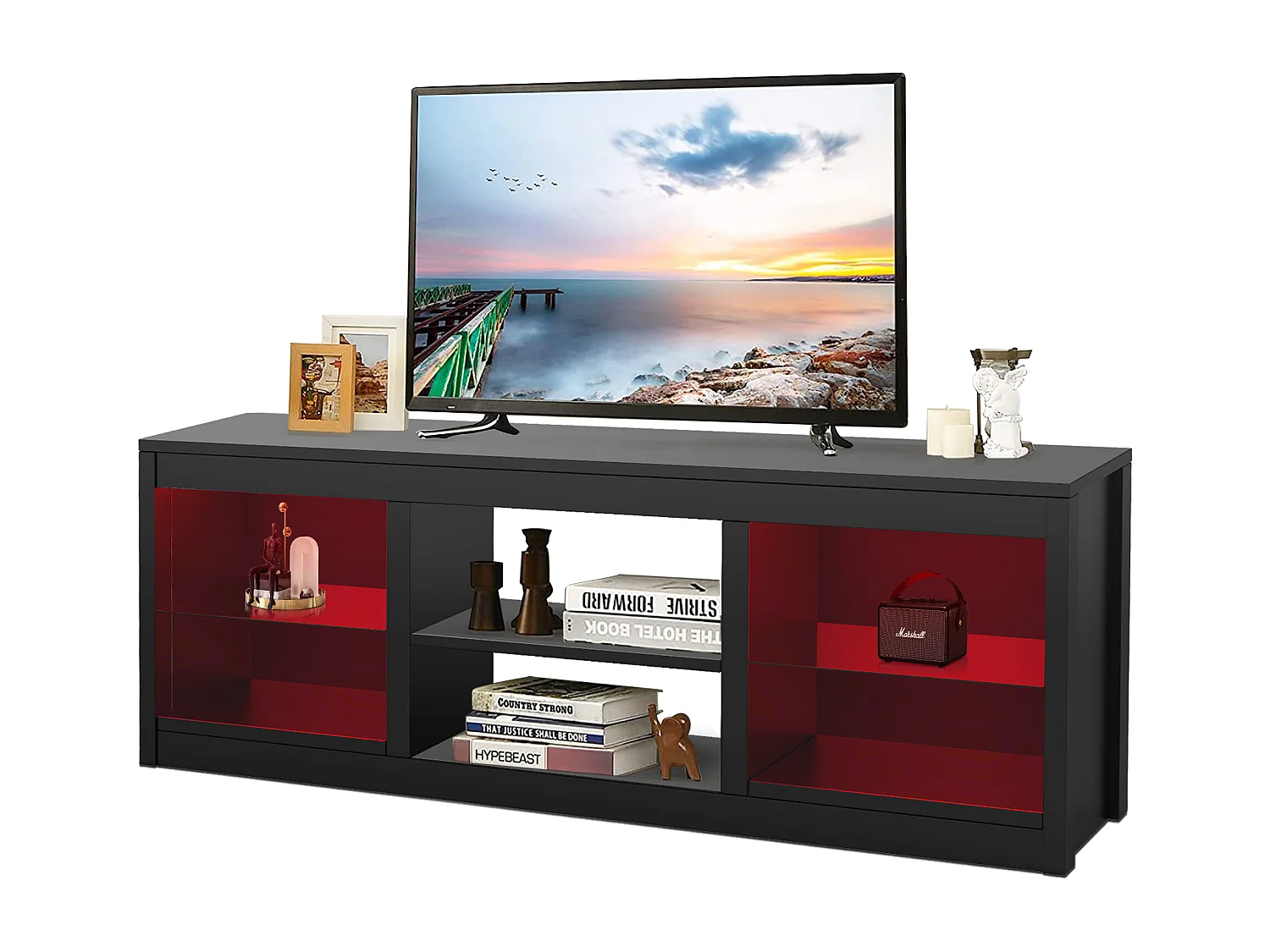 Parrot Uncle TV-Schrank für Fernseher bis 75 Zoll, MDF, Schwarz , mit 6 offenen Fächern und Farbwechselnde LED-Leiste, 168 x 42 x 56 cm, 54 kg Tragkra